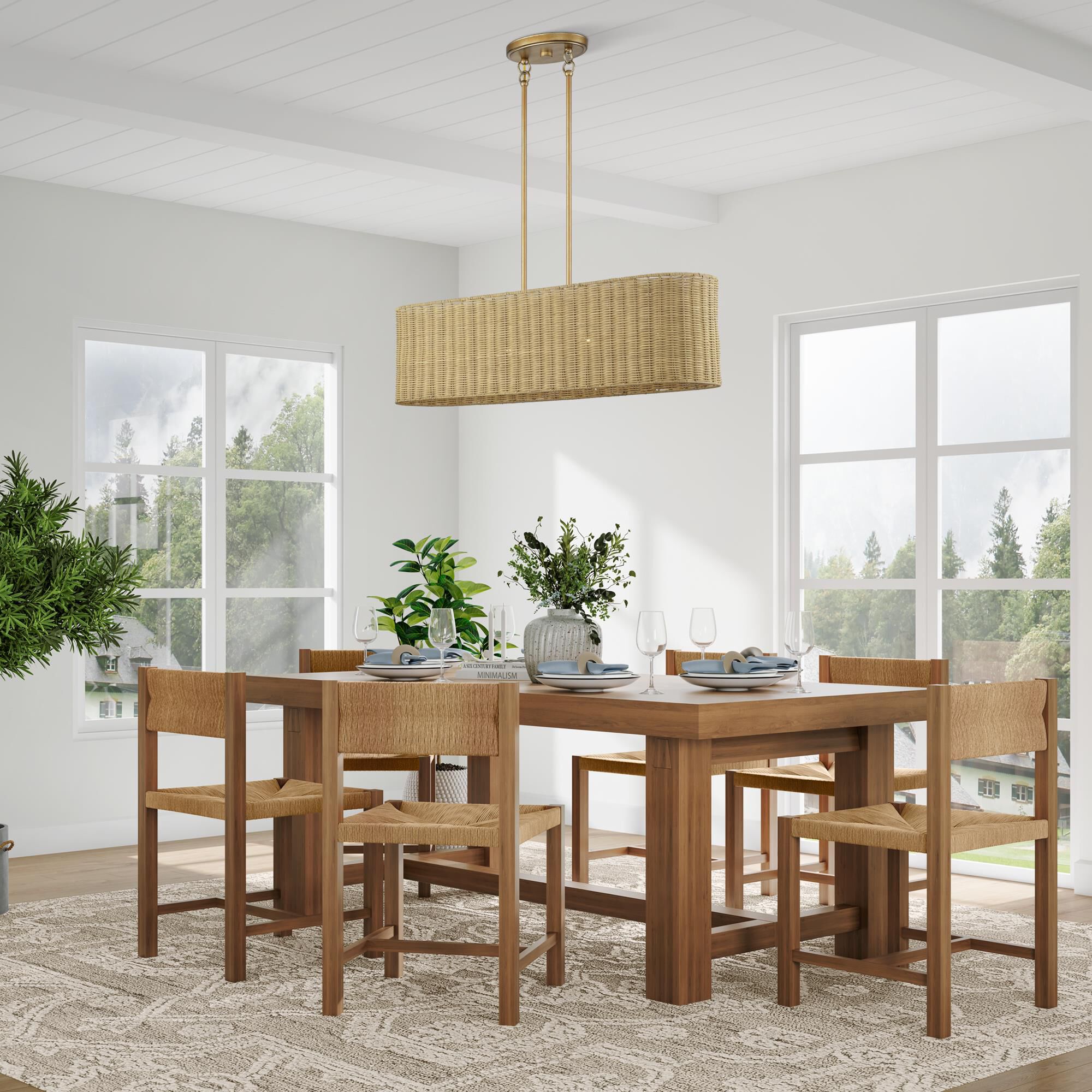 Shown in Antique Gold Leaf finish and Hand-Woven Rustic Walnut Color Rattan shade