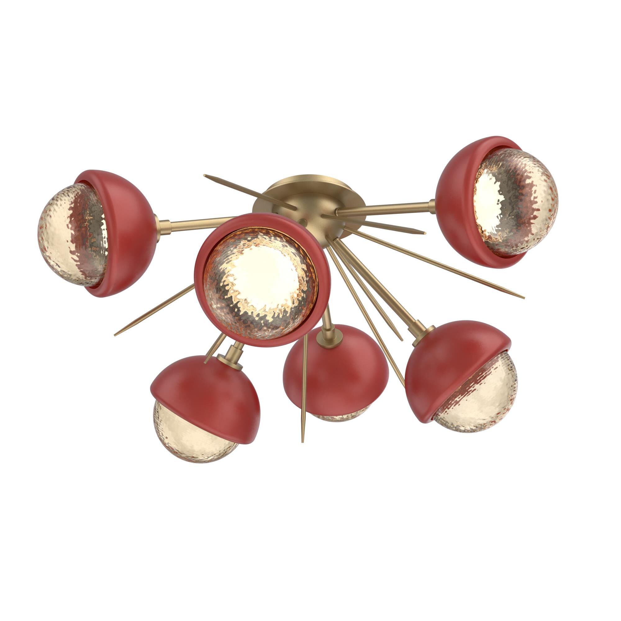 Shown in Gilded Brass finish and Amber glass and Cinnamon Red accent