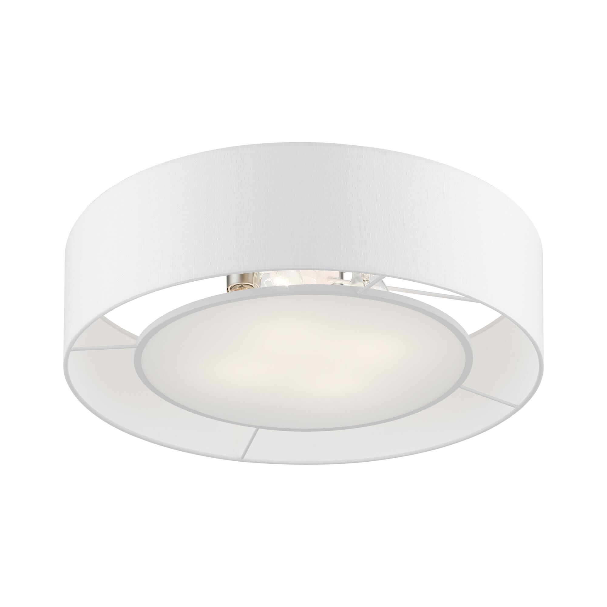 Shown in Brushed Nickel with Shiny White Accents finish and Hand Crafted Off-White Hardback Fabric With White Fabric Inside shade