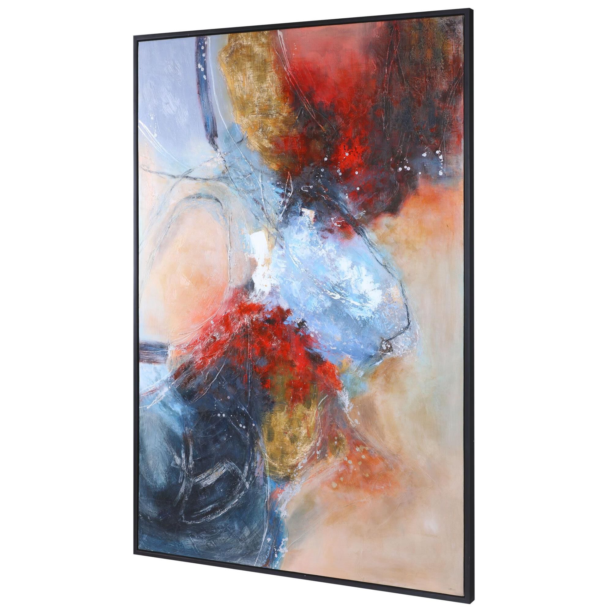 Shown in Hand Painted Abstract, Matte Black Gallery Frame, Orange, Red, Blue, Silver Leaf finish