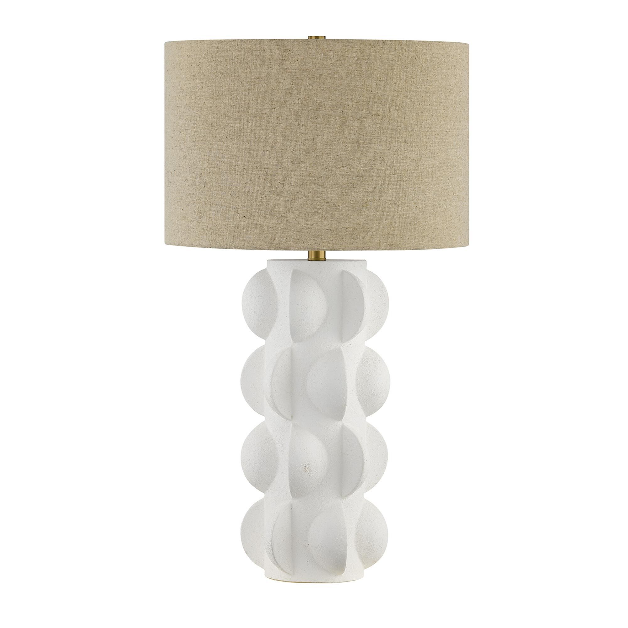 Shown in Warm Brass finish and Beige Fabric shade