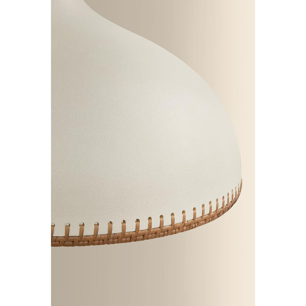 Shown in Aged Brass and Ceramic Cream Pebble finish and Rattan Weave Ceramic shade