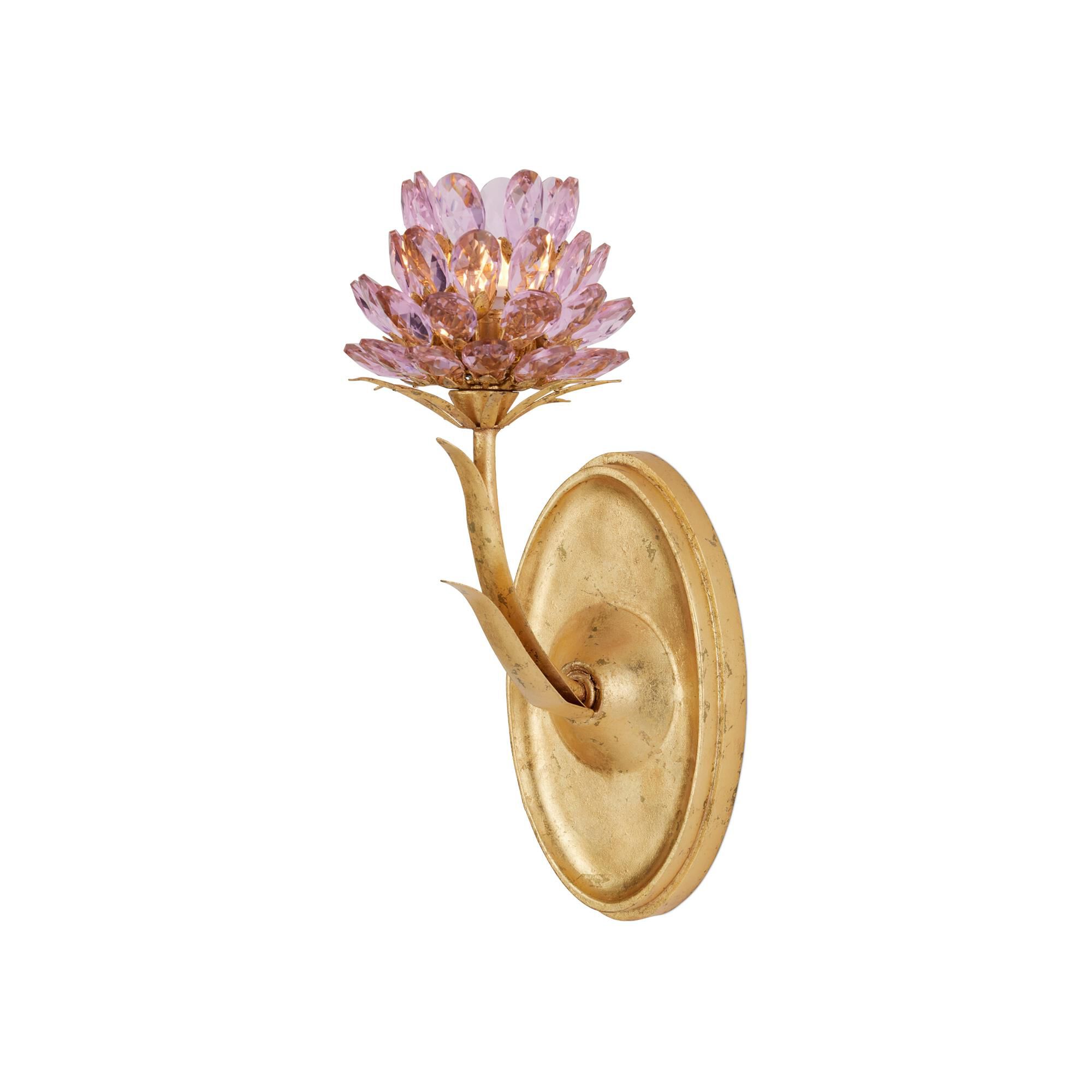 Shown in Gold Dutch Leaf finish and Pink glass