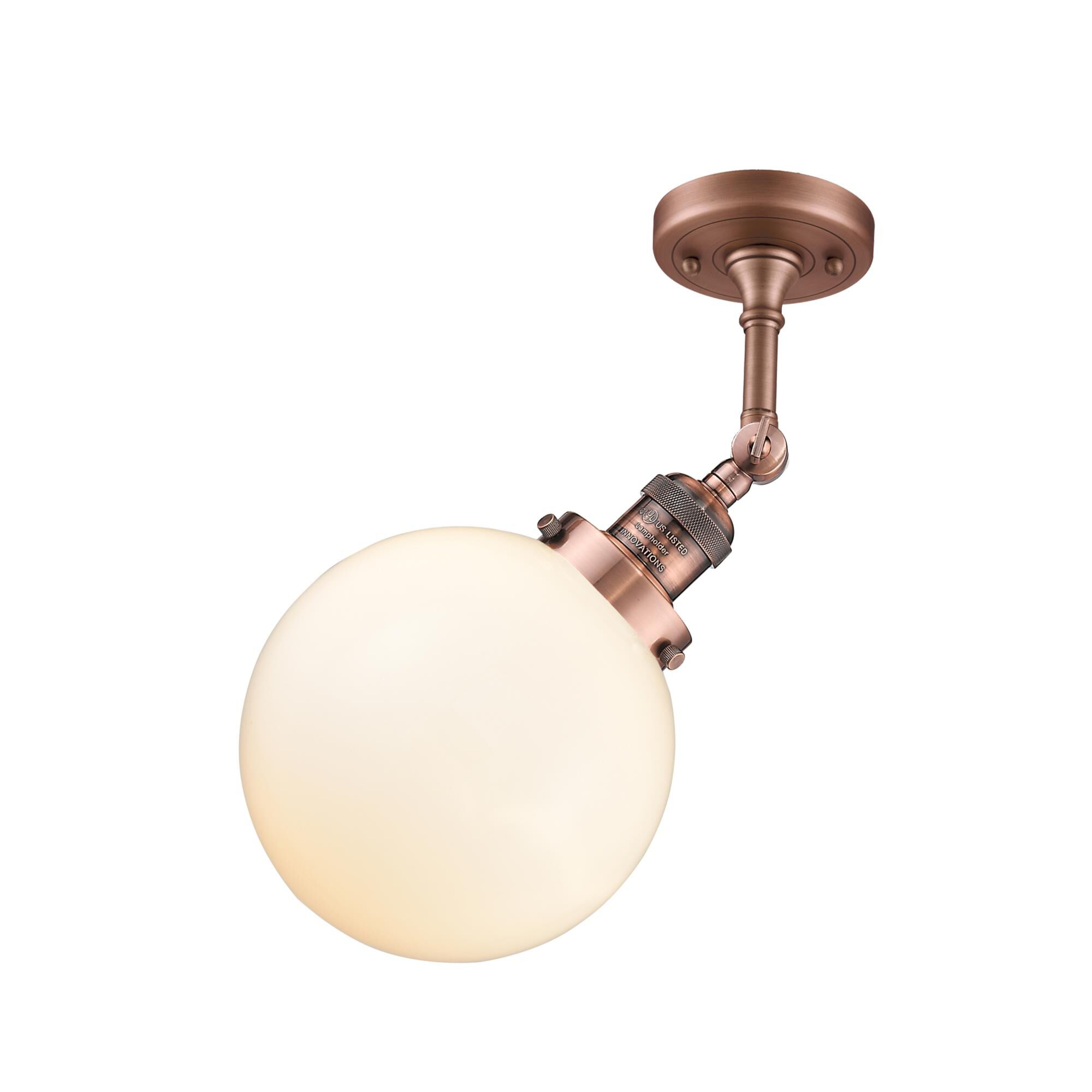 Shown in Antique Copper finish and Matte White Cased glass and No Accent accent