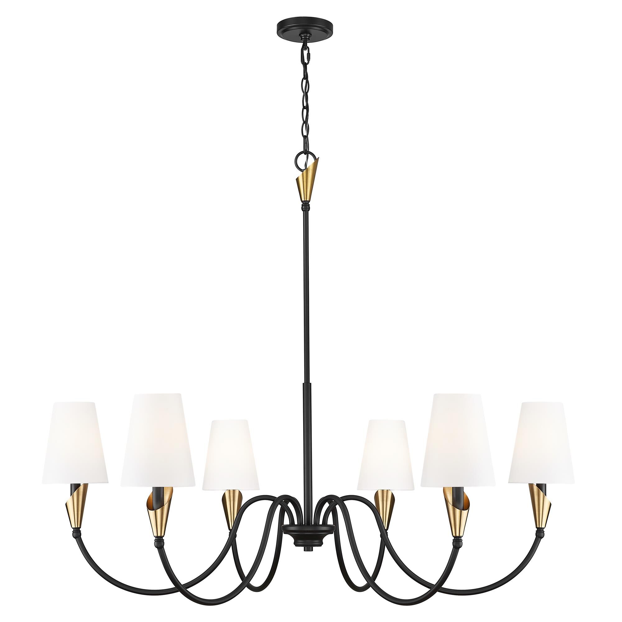 Shown in Matte Black And Modern Gold finish and White glass and White shade