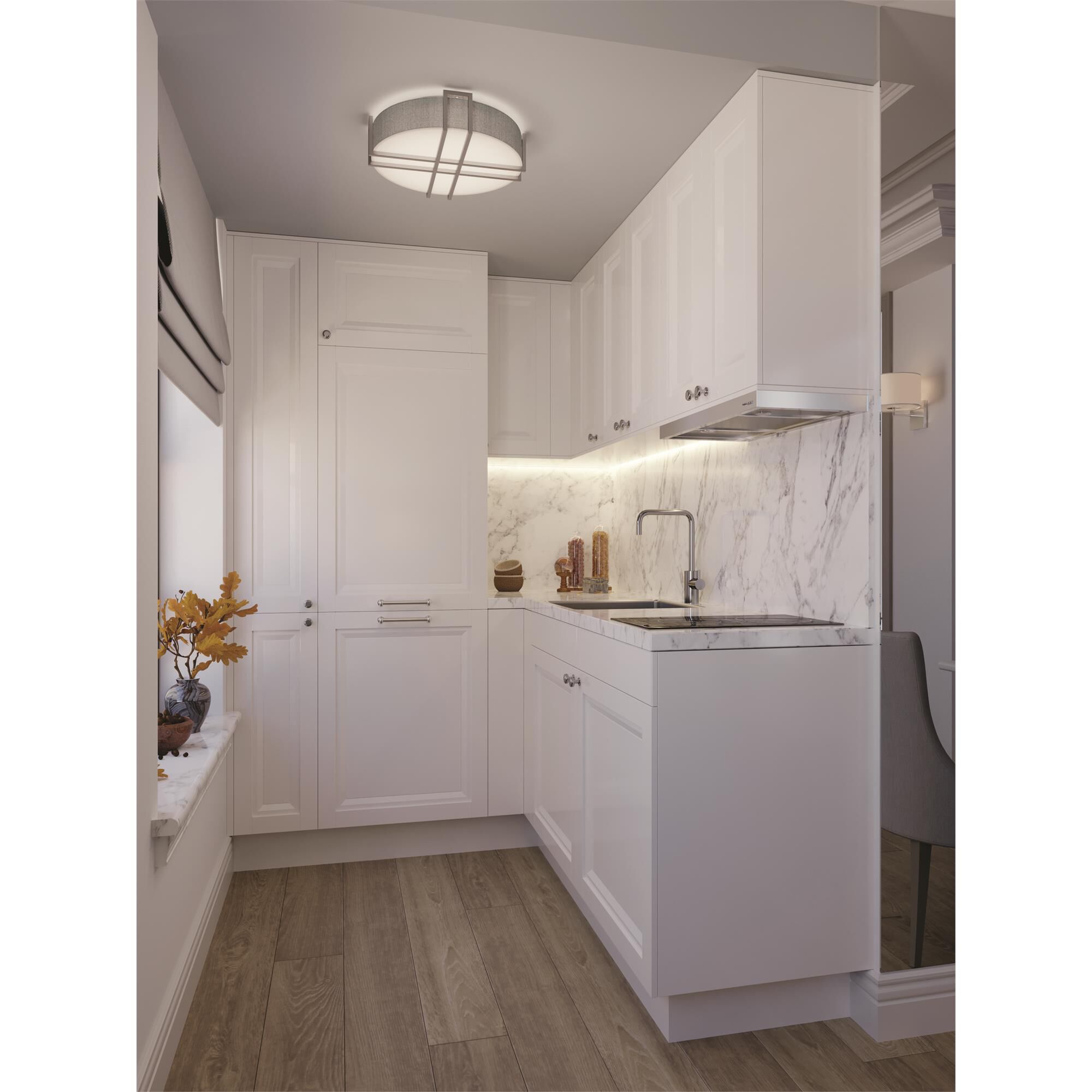Shown in Satin Nickel finish and Grey, White Linen, Acrylic shade and No Accent accent