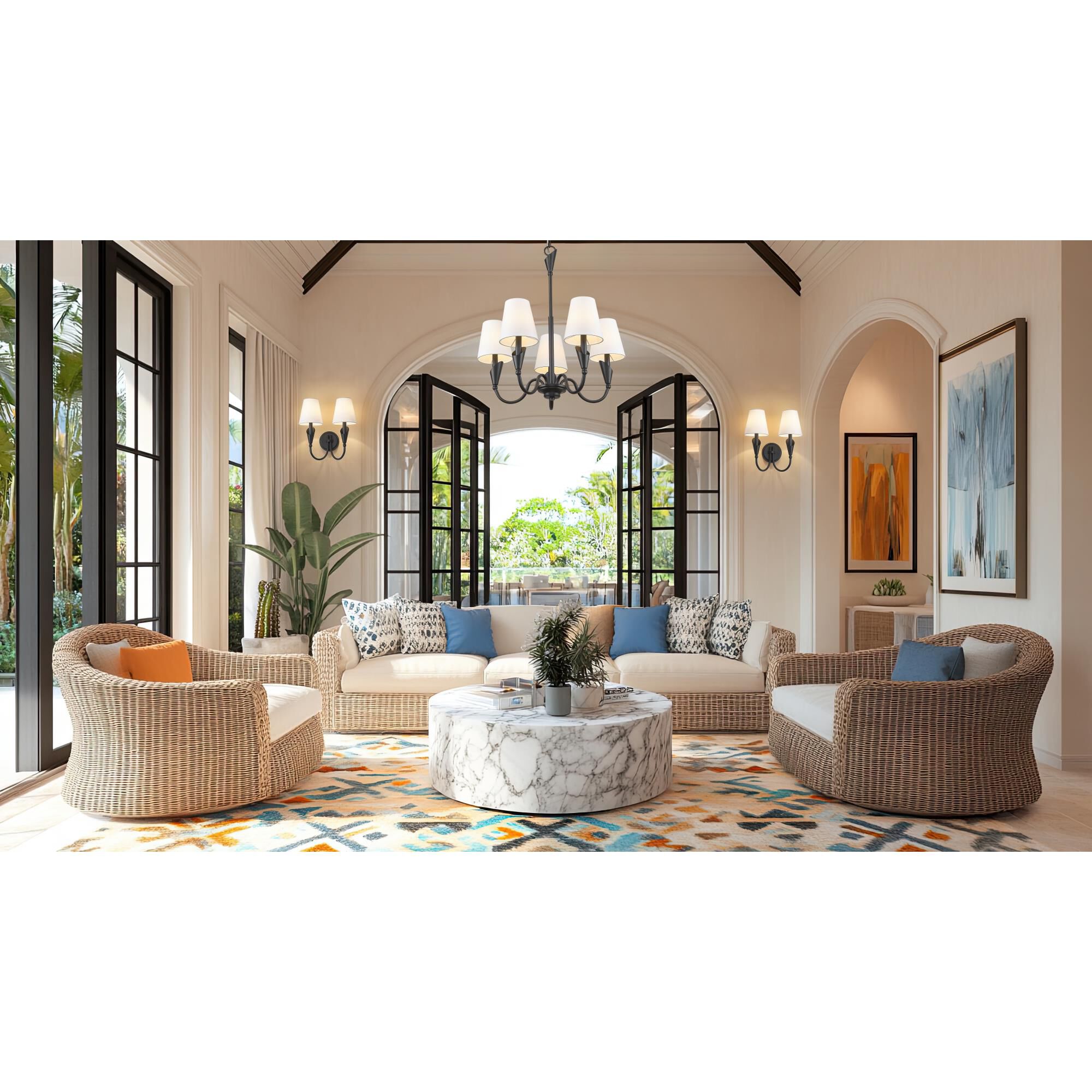 Shown in Matte Black finish and White glass and White shade