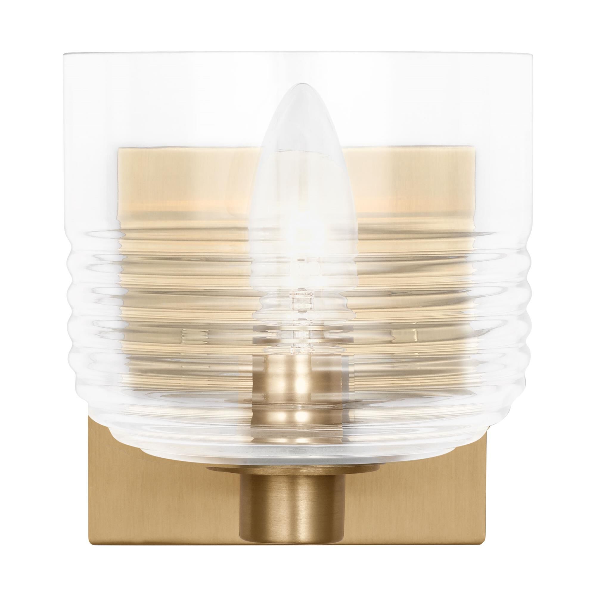 Shown in Satin Brass finish and Clear Ribbed glass