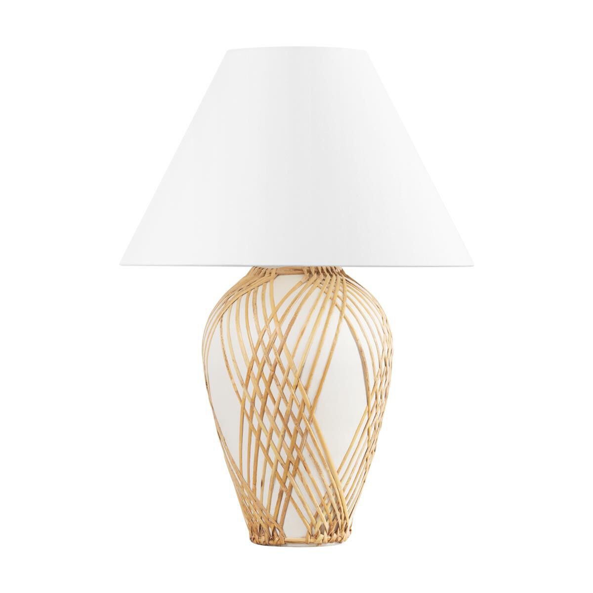 Shown in Vintage Gold Leaf and Ceramic White with Rattan finish and White Linen shade