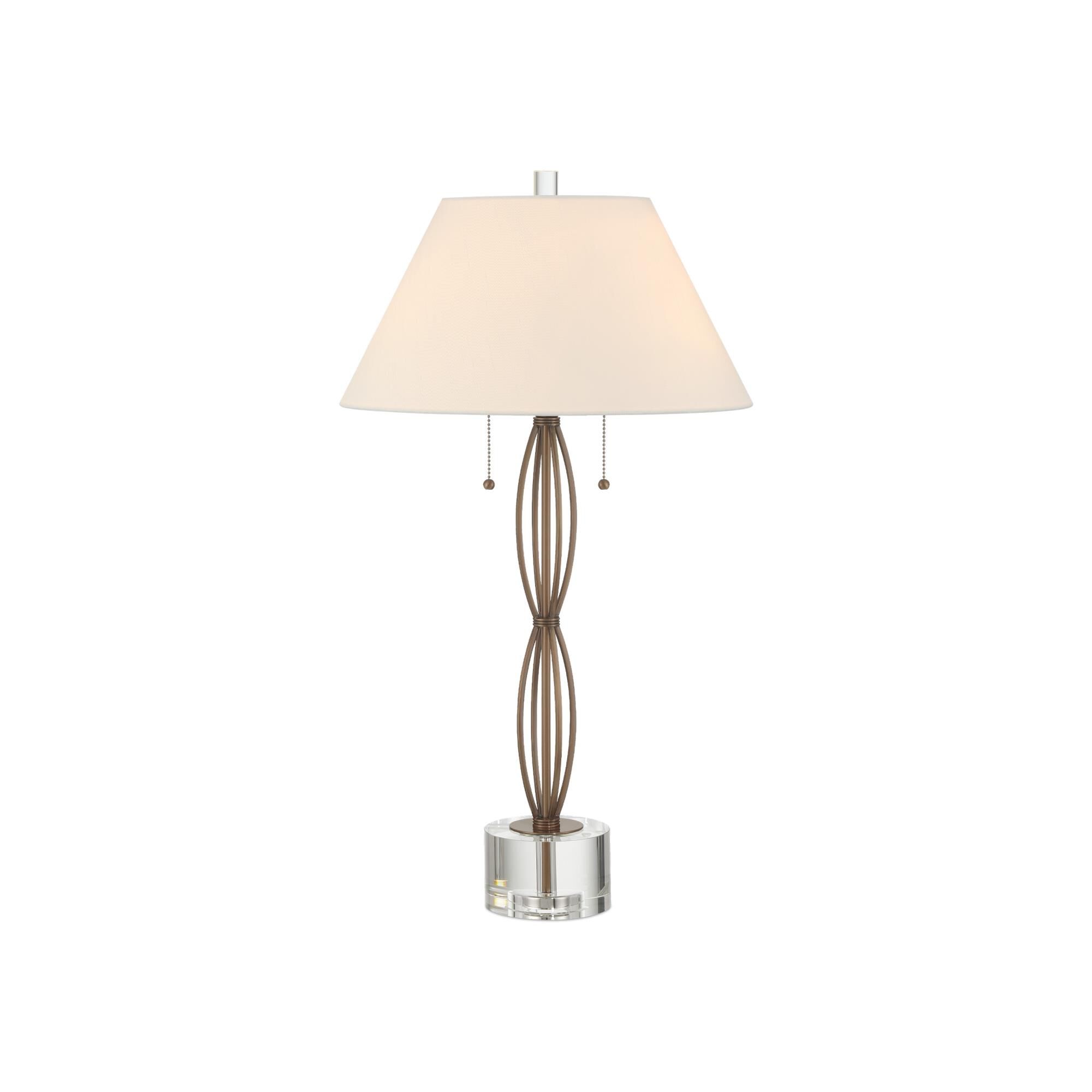 Shown in Antique Brass and Clear finish and Off-White Polyester/Round Coolie/Hardback shade