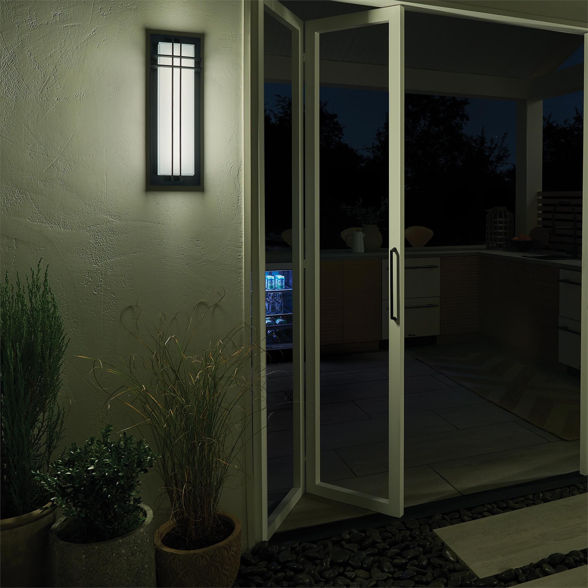 Shown in Textured Black finish and White glass