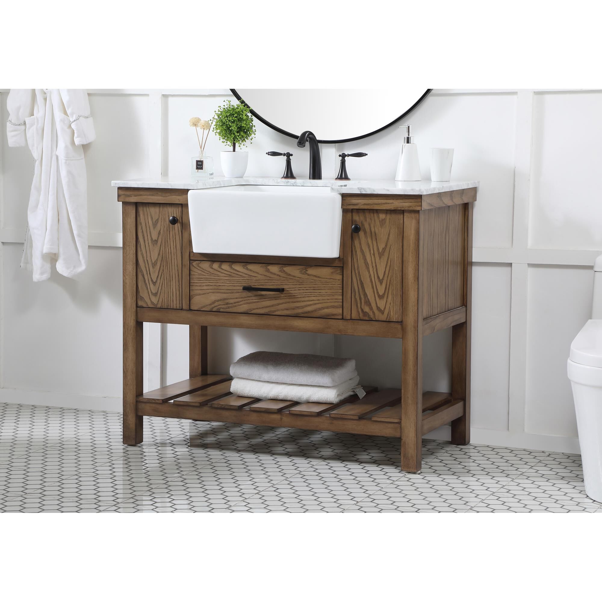 Shown in Driftwood finish and Without Backsplash accent