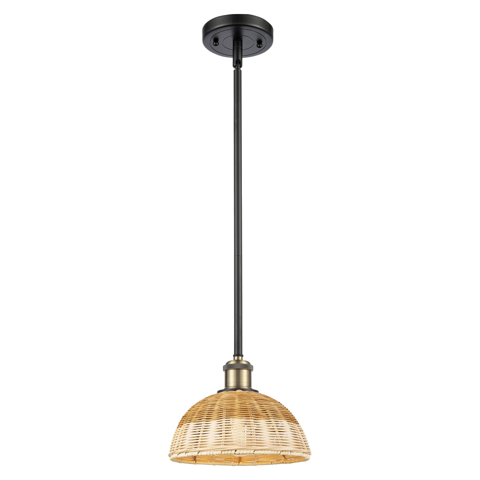 Shown in Black Antique Brass finish and Natural shade