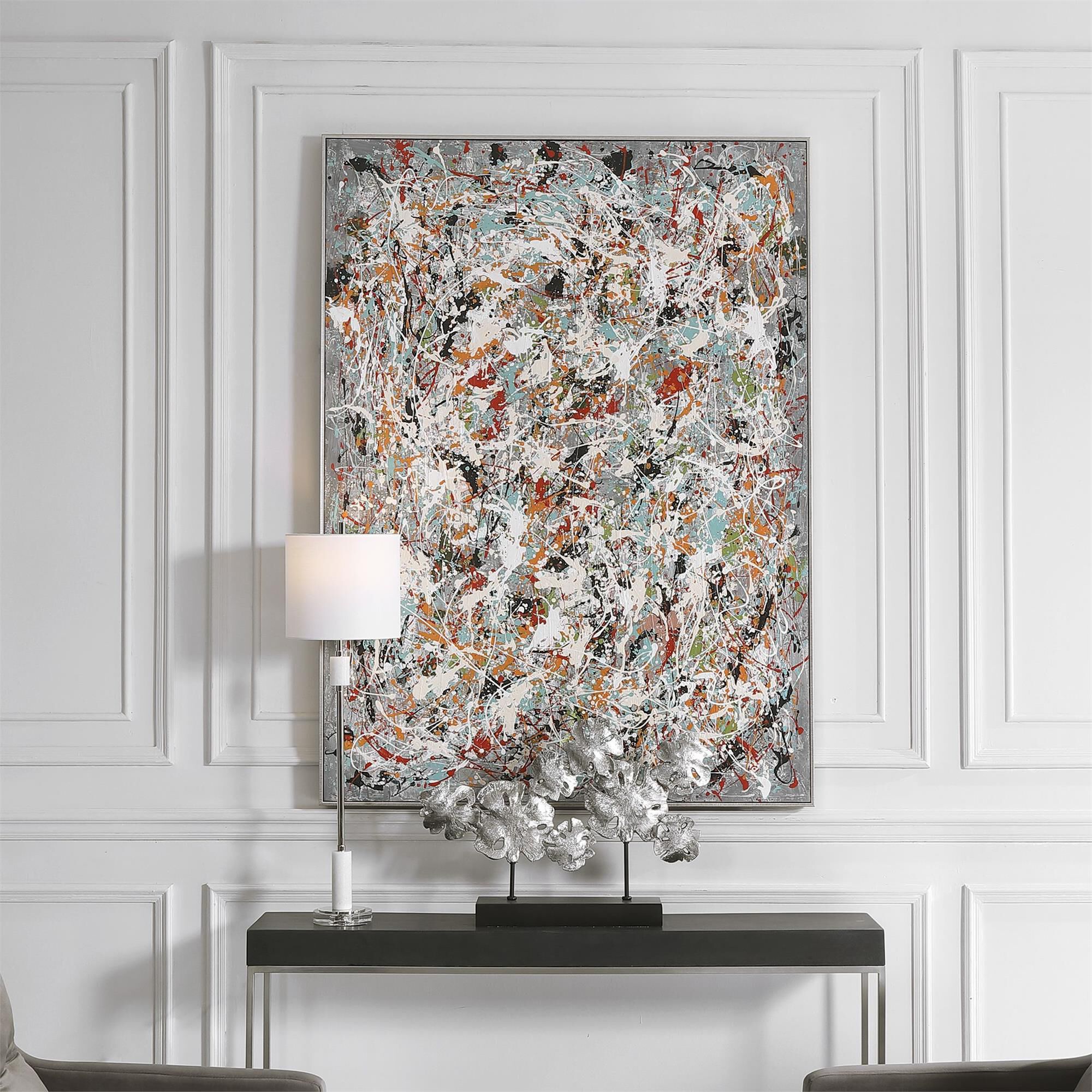 Shown in Graphic Abstract With Dark Gray, White, Red, Aqua, Orange, Yellow, Black, Green, Splatter Style, Sil finish