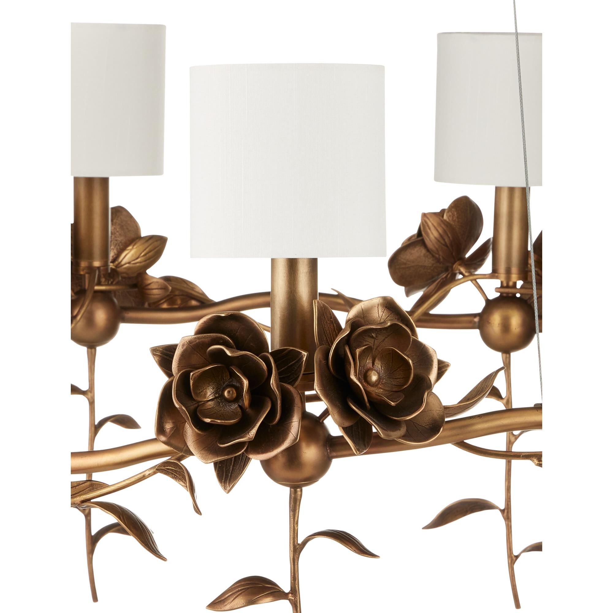 Shown in Antique Brass finish and Off White Shantung shade