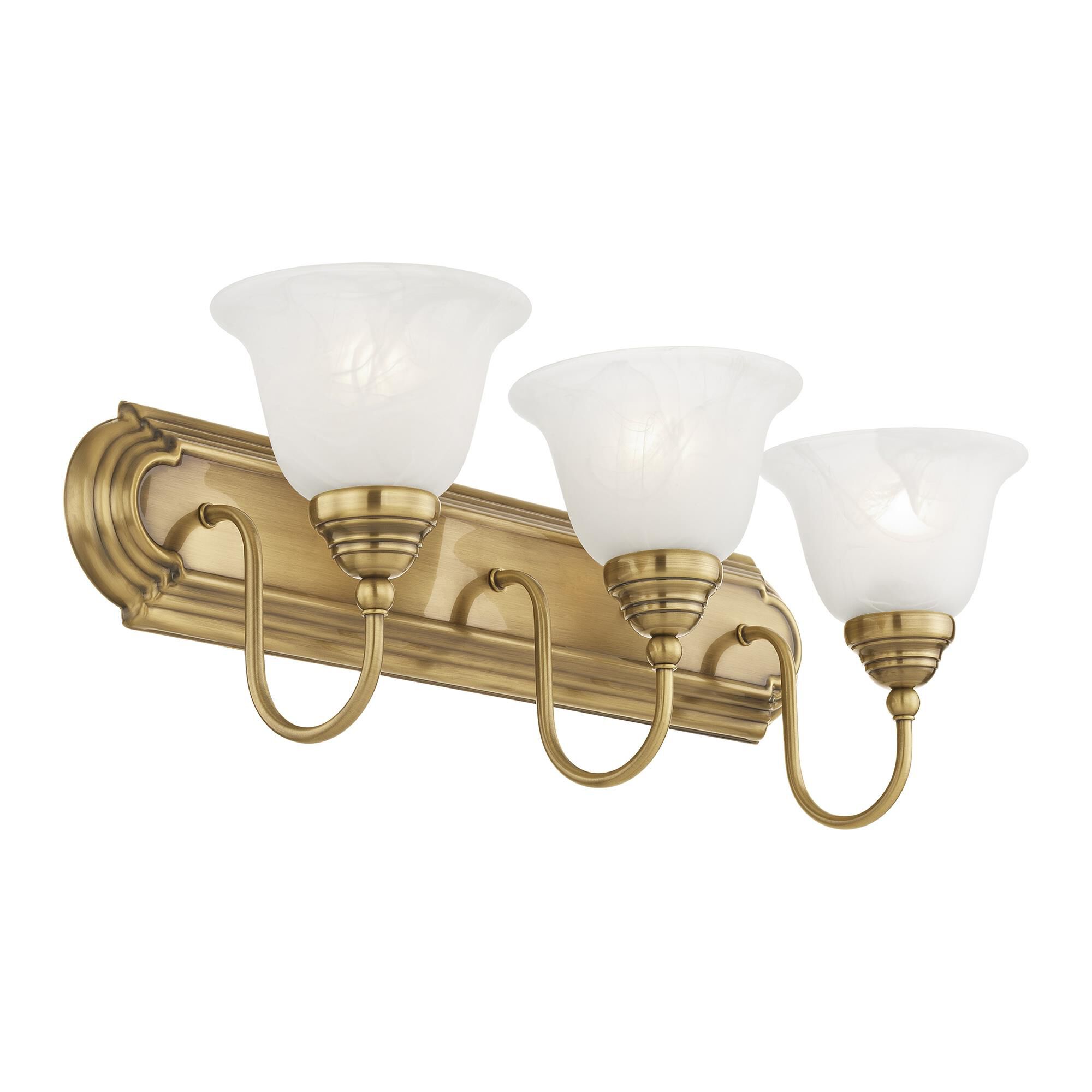 Shown in Antique Brass finish and White Alabaster glass