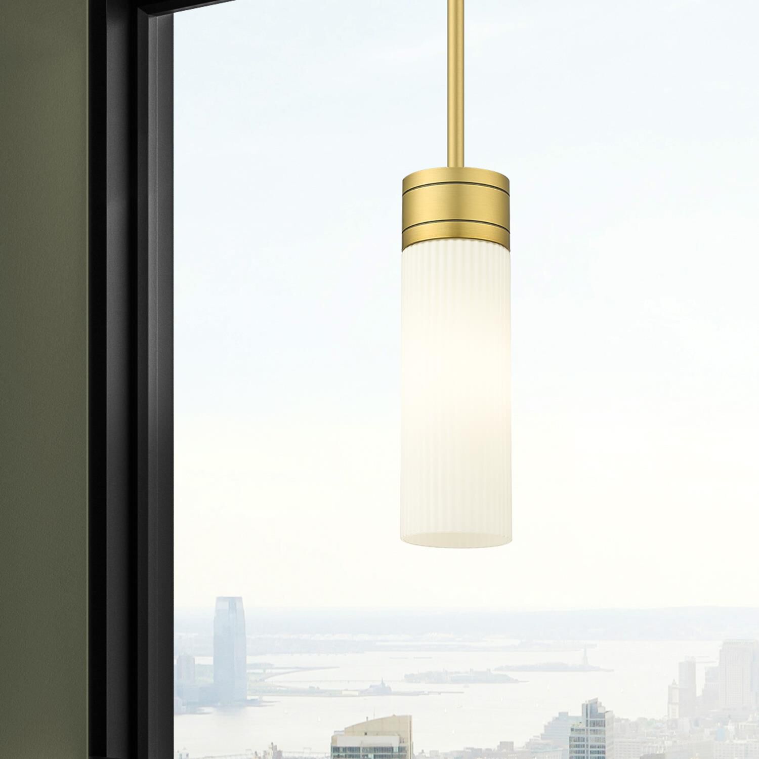 Shown in Brushed Brass finish and Striped White glass