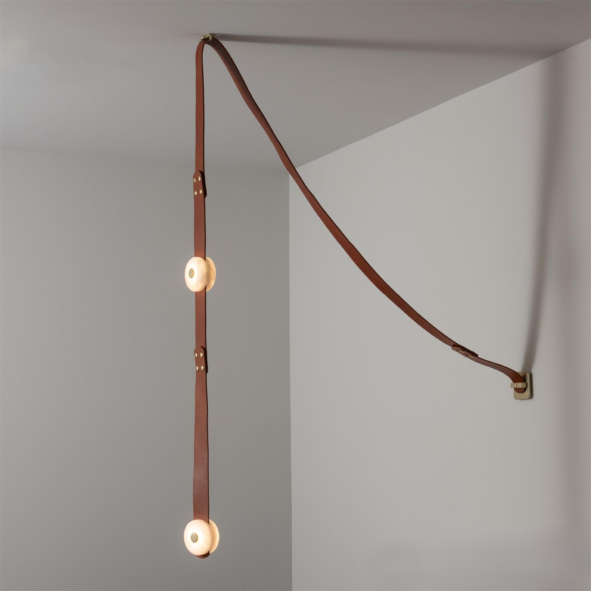 Shown in Modern Brass finish and Alabaster shade and Chestnut accent