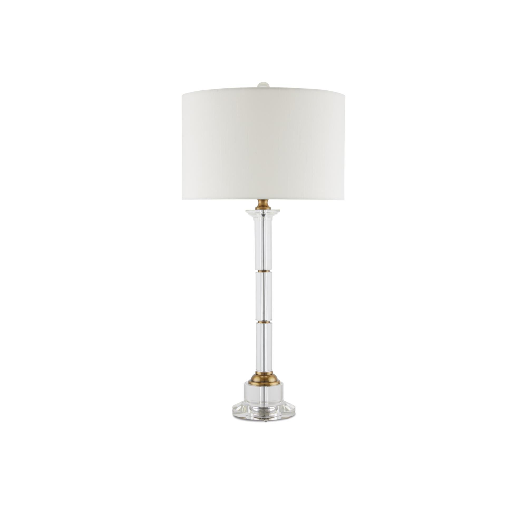 Shown in Clear, Antique Brass finish and Off-White Shantung shade
