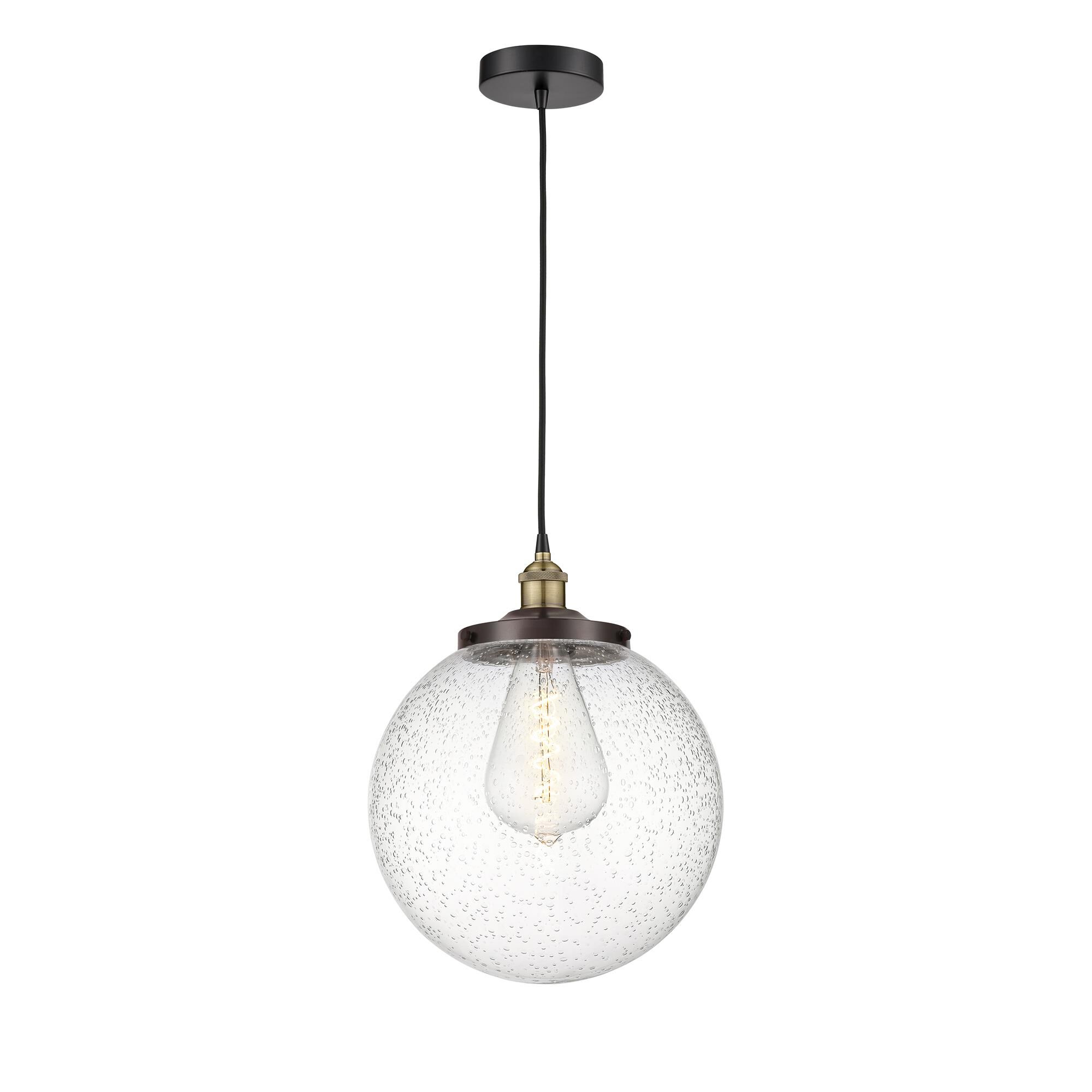 Shown in Black Antique Brass finish and Seedy glass