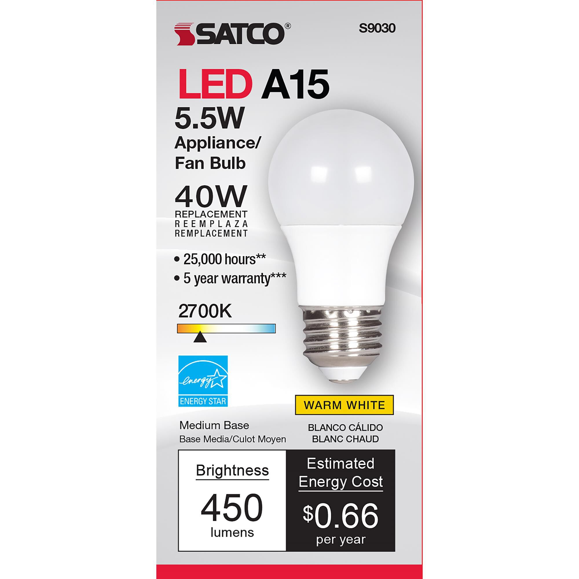 5.50 Watt 2700K A15 LED Light Bulb,