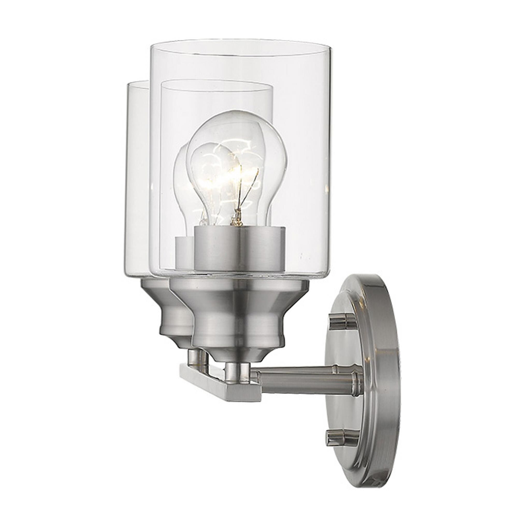 Shown in Satin Nickel finish and Clear glass and Clear, Cylindrical Glass s shade