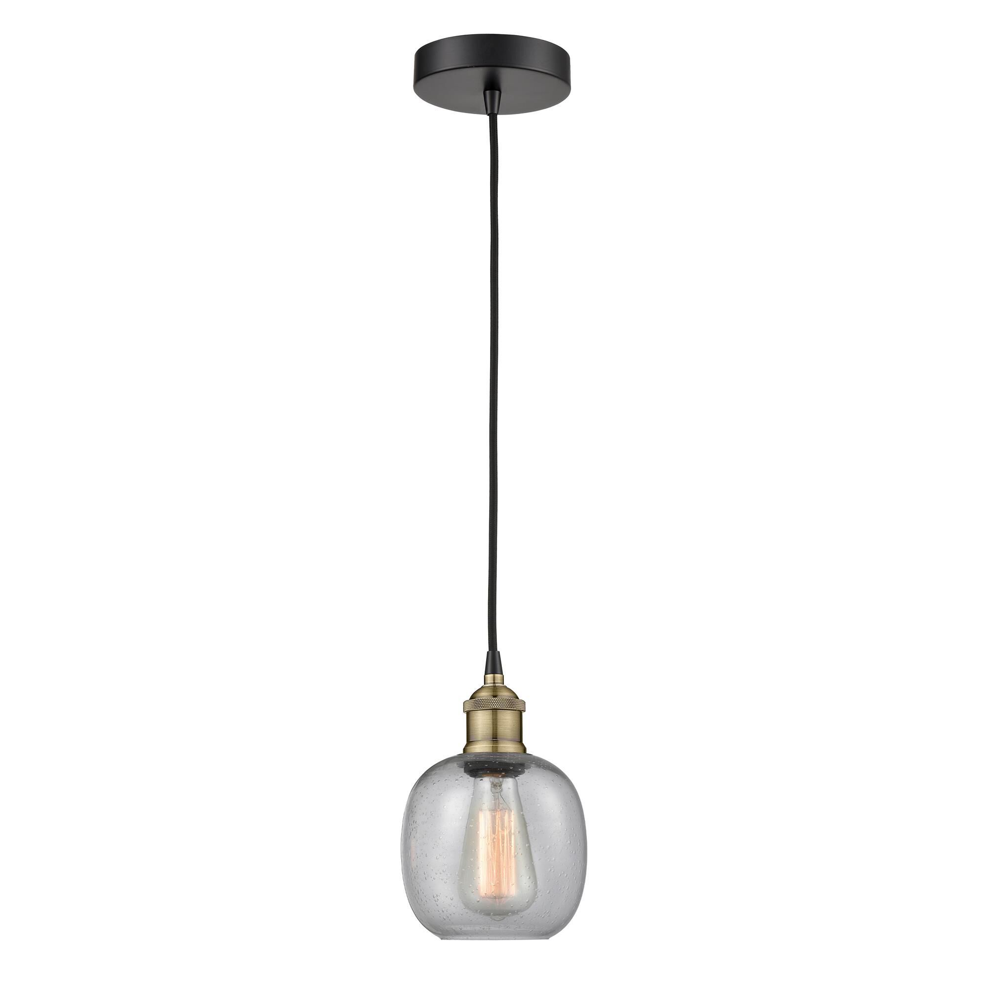Shown in Black Antique Brass finish and Seedy glass