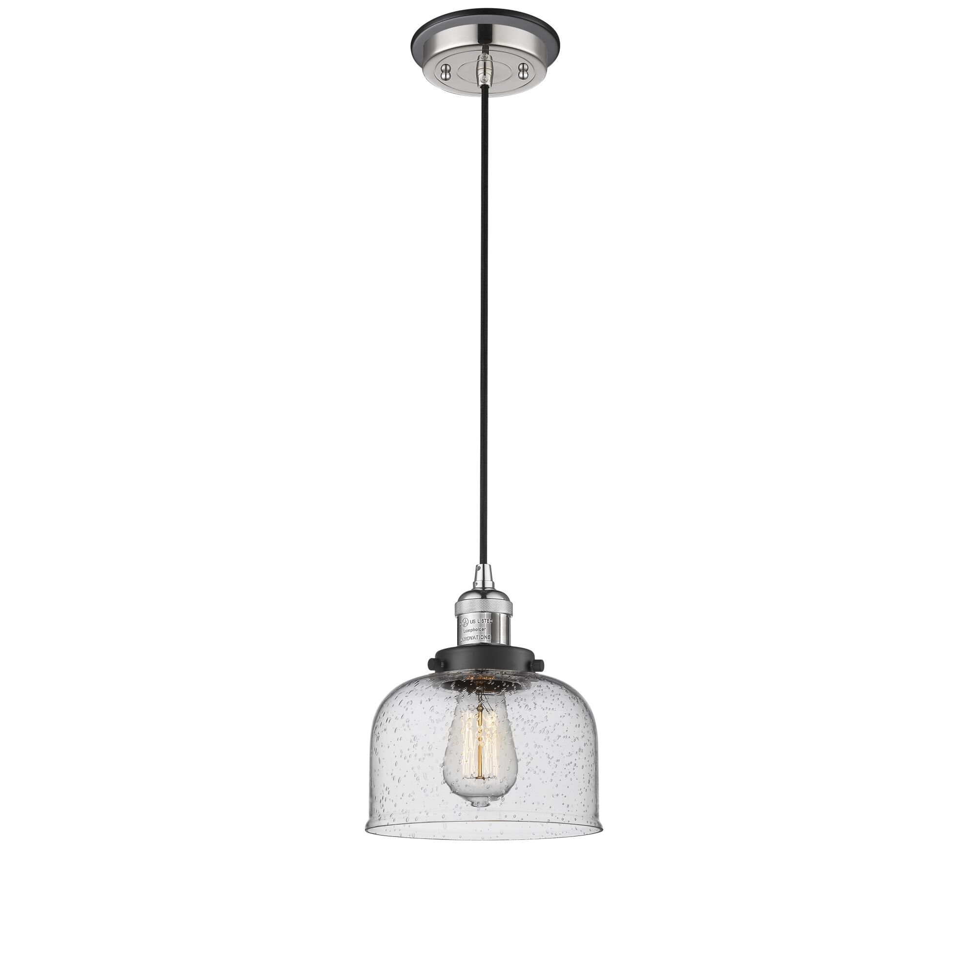 Shown in Polished Nickel finish and Seedy Large Bell glass and Matte Black accent