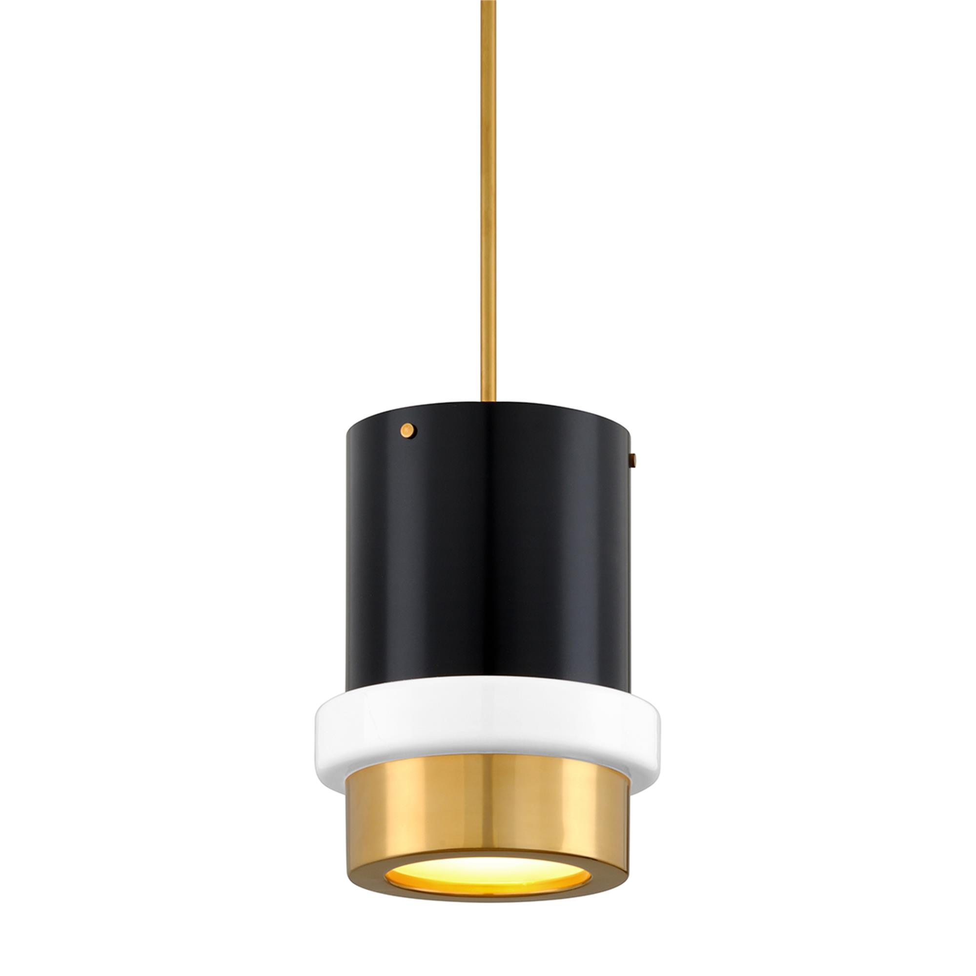 Shown in Vintage Polished Brass and Black finish and Opal White glass
