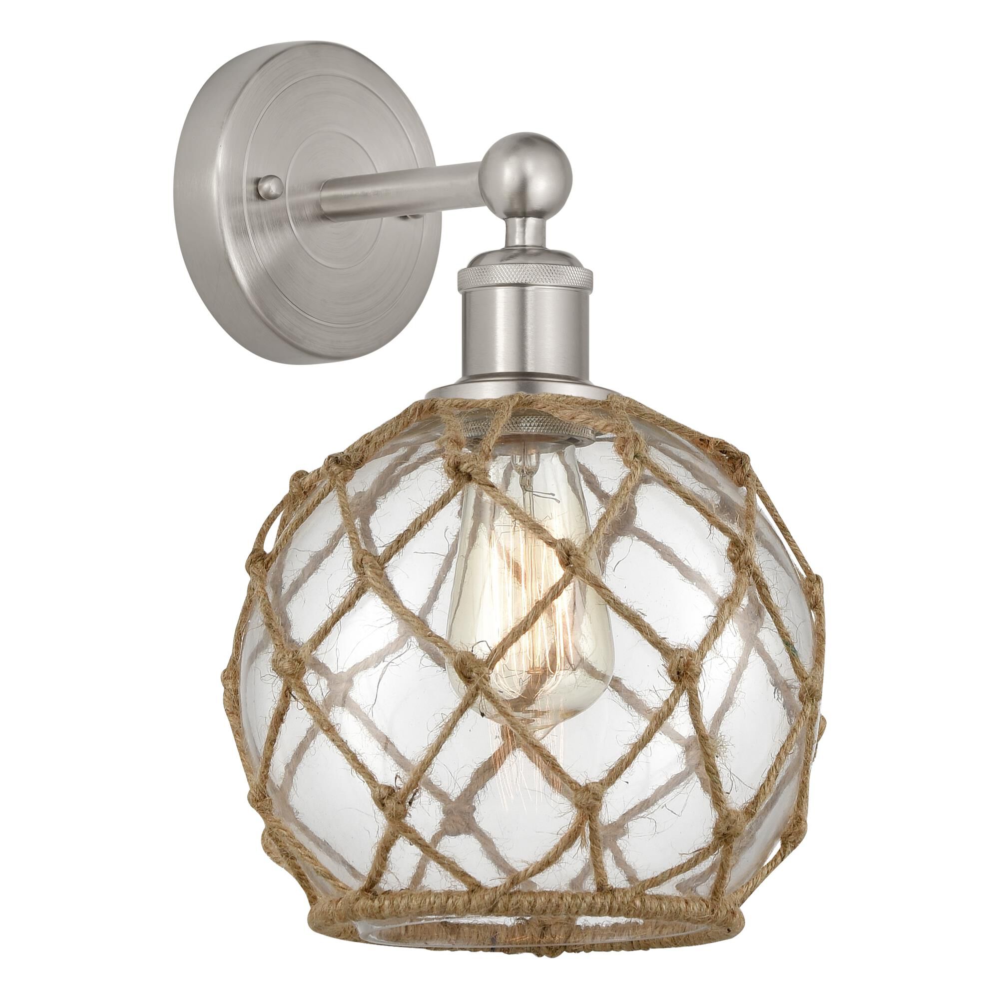 Shown in Brushed Satin Nickel finish and Clear with Brown Rope glass