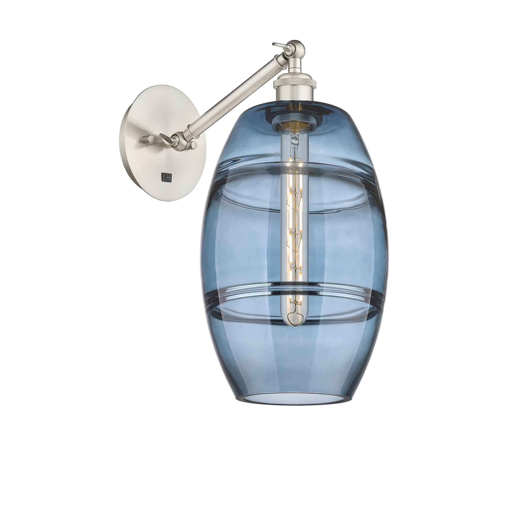 Shown in Brushed Satin Nickel finish and Princess Blue glass