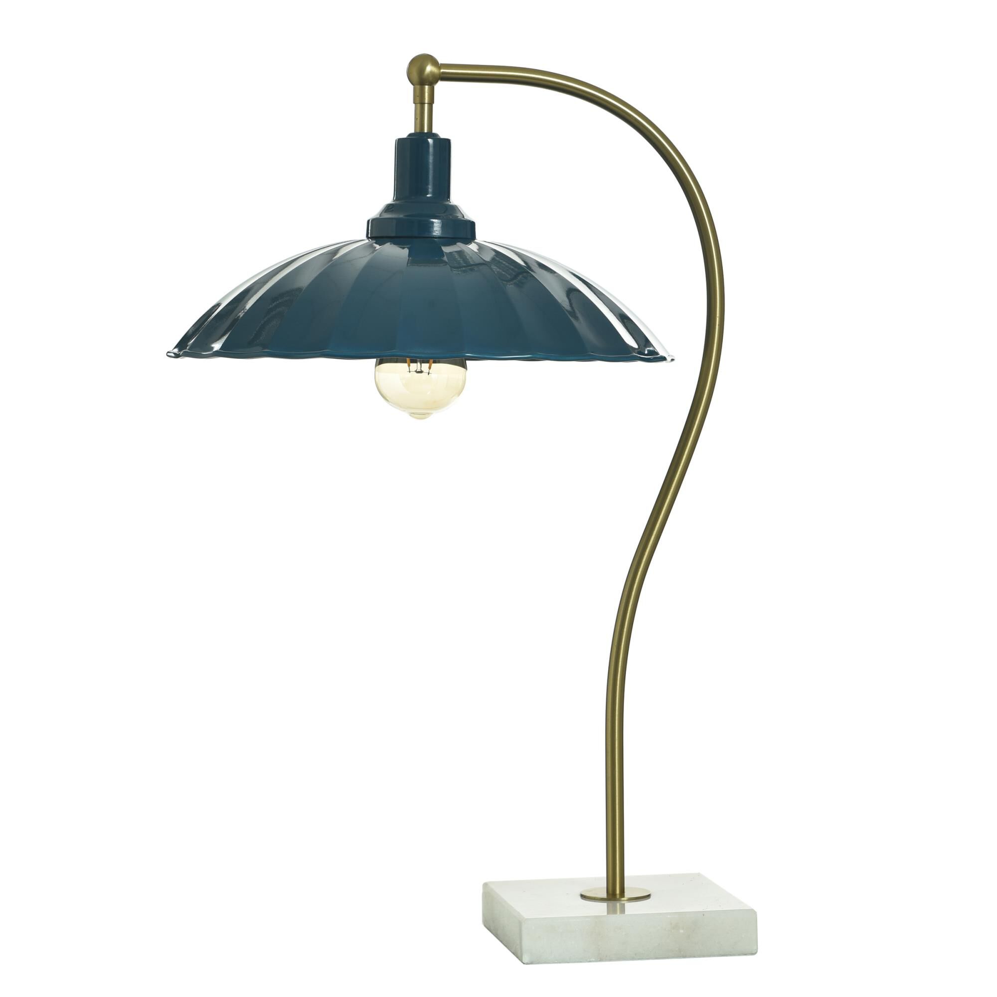 Shown in Polished Brass and White Marble finish and Glossy Navy shade