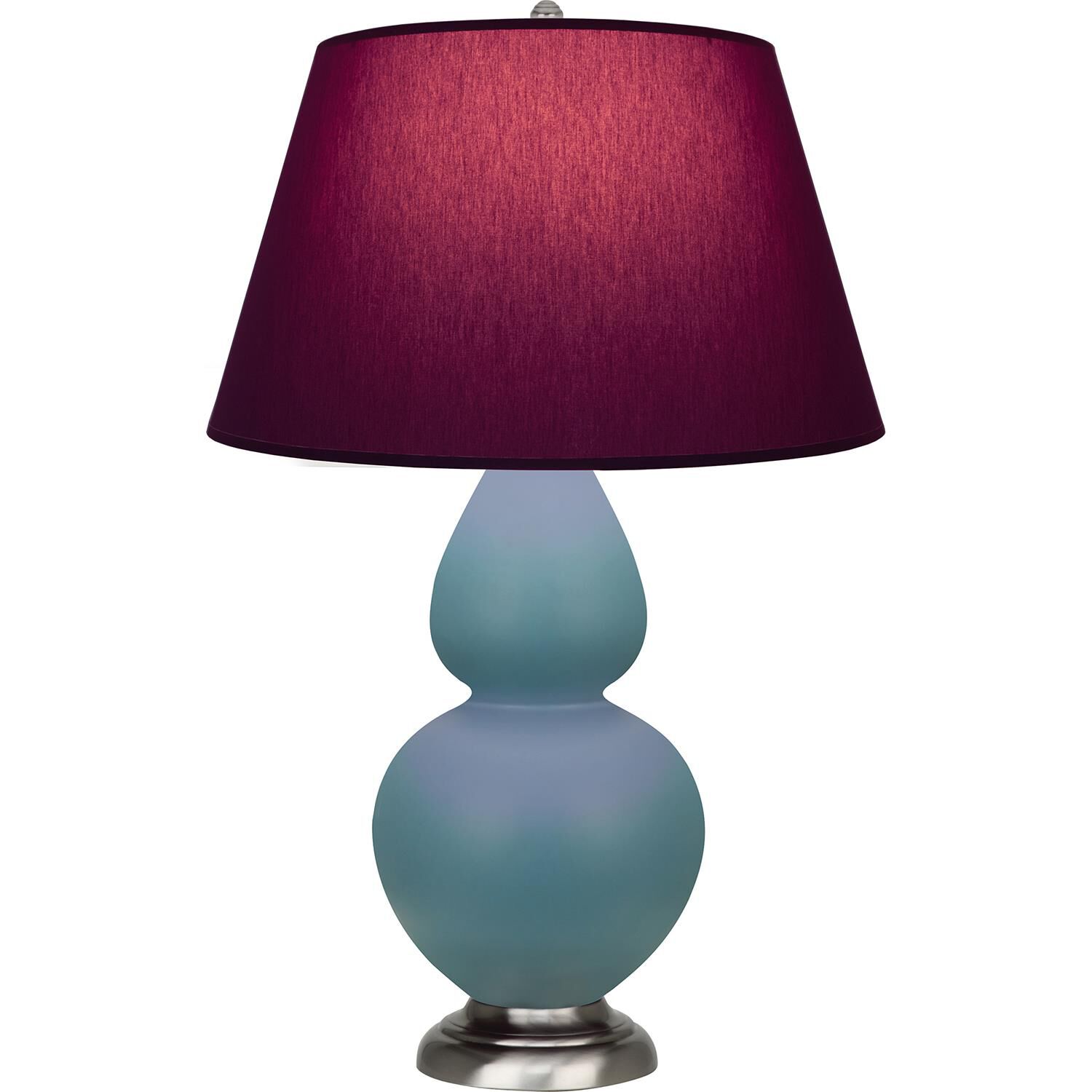Shown in Matte Steel Blue finish and Plum and Lavender shade and Antique Silver accent