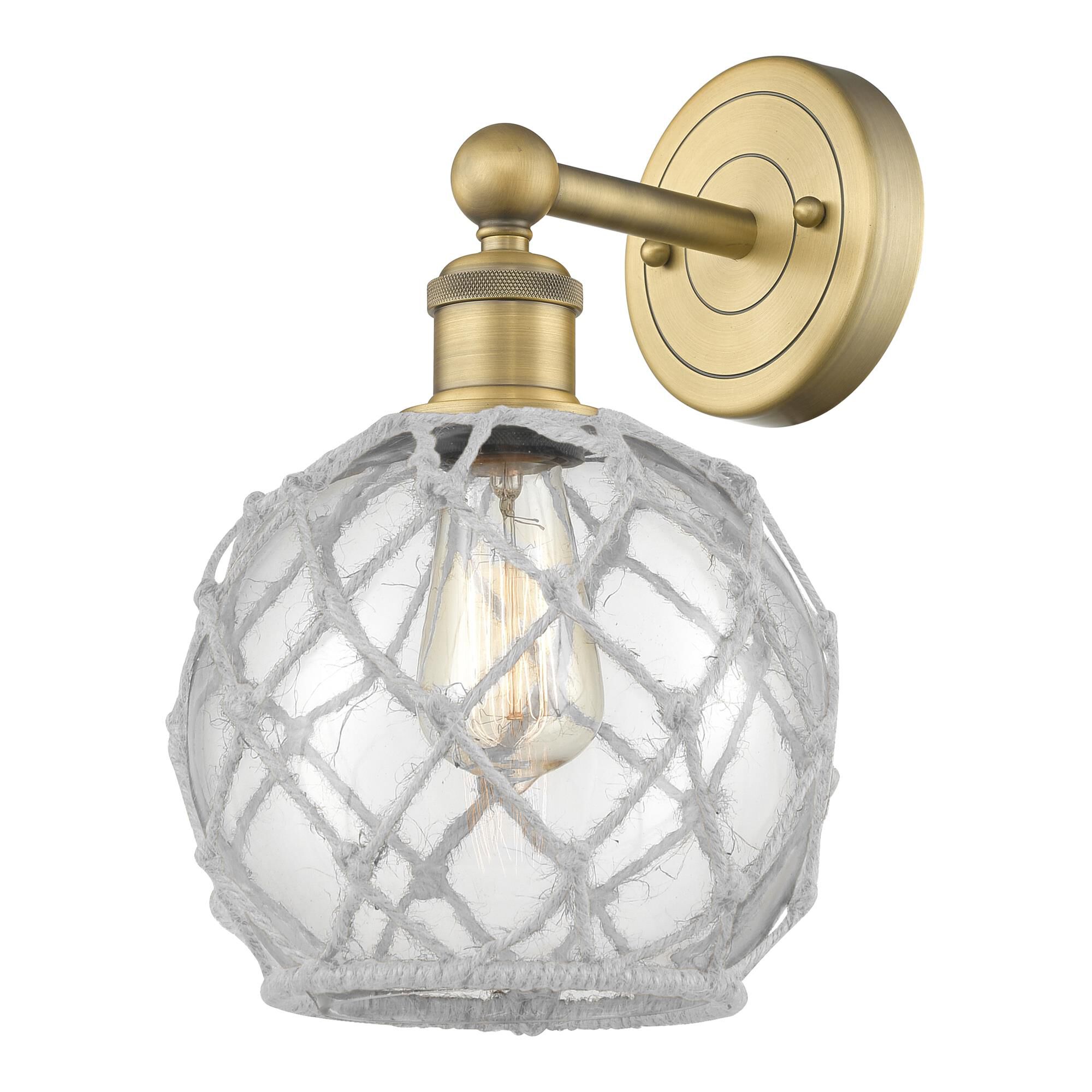 Shown in Brushed Brass finish and Clear with White Rope glass