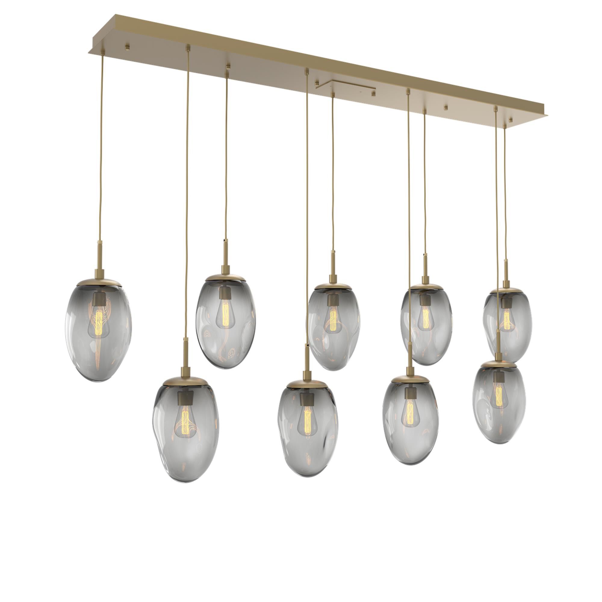 Shown in Gilded Brass finish and Blown Smoke glass