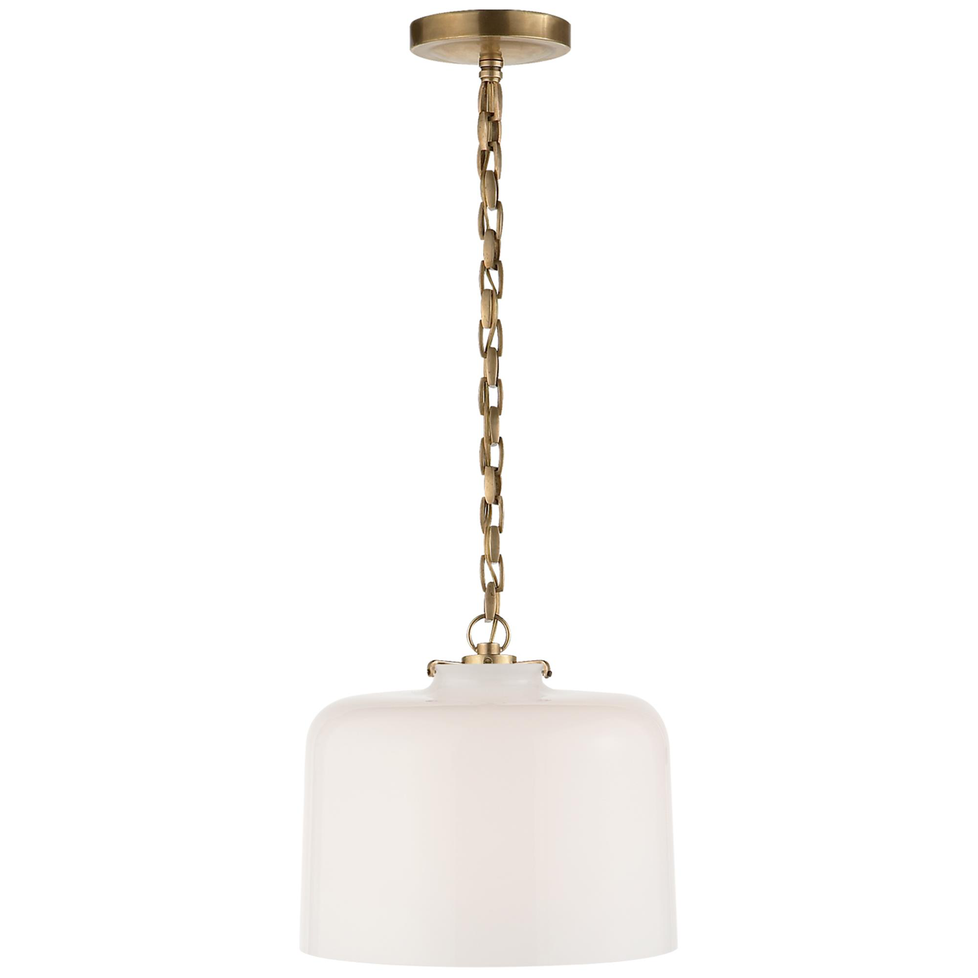 Shown in Hand-Rubbed Antique Brass finish and White glass