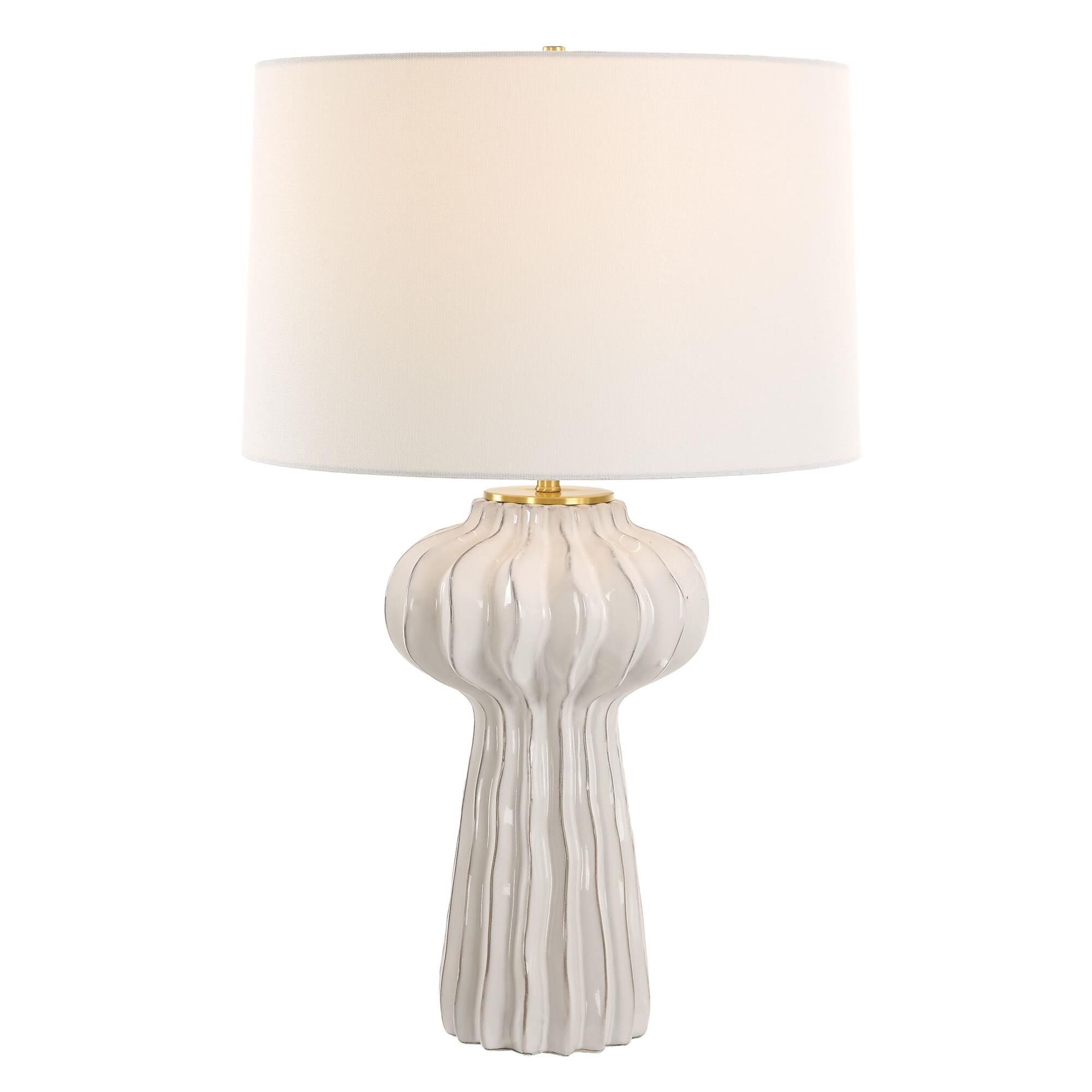 Shown in Glossy Off-White finish and Round Hardback shade