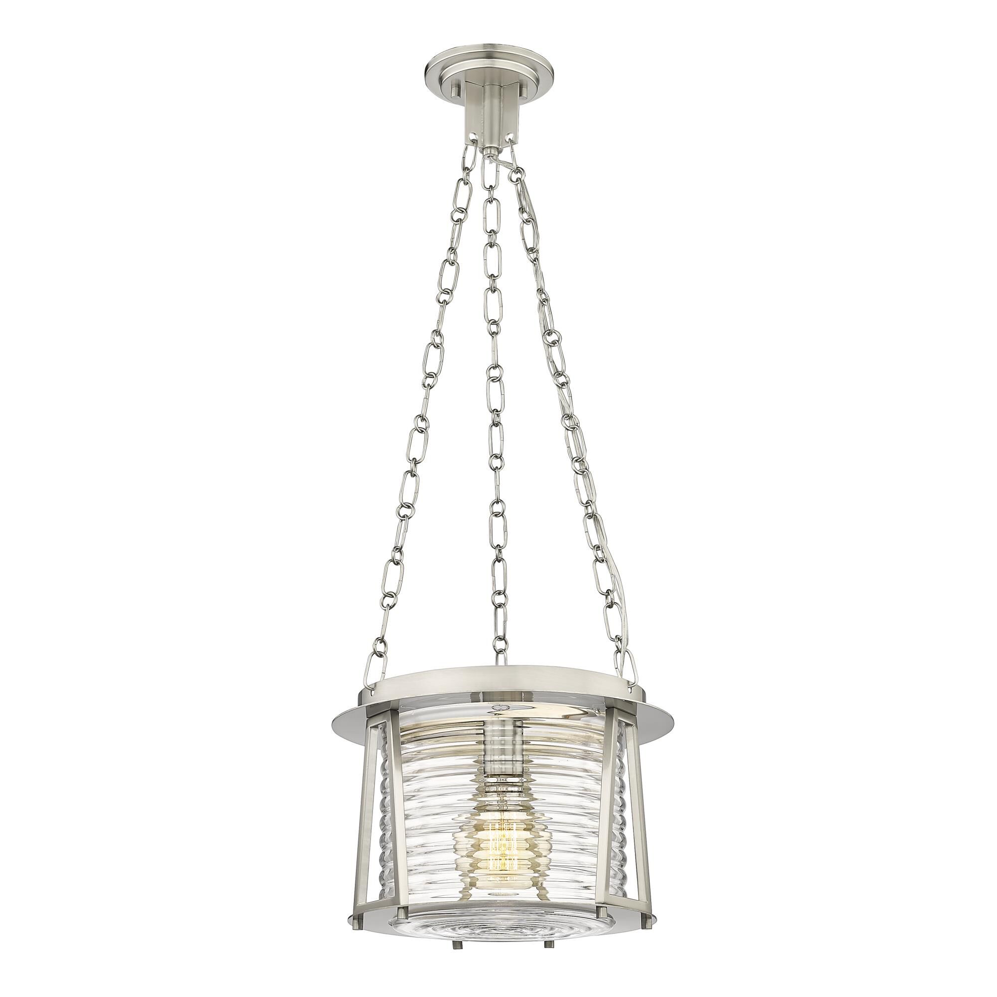 Shown in Brushed Nickel finish and Water Hammered glass