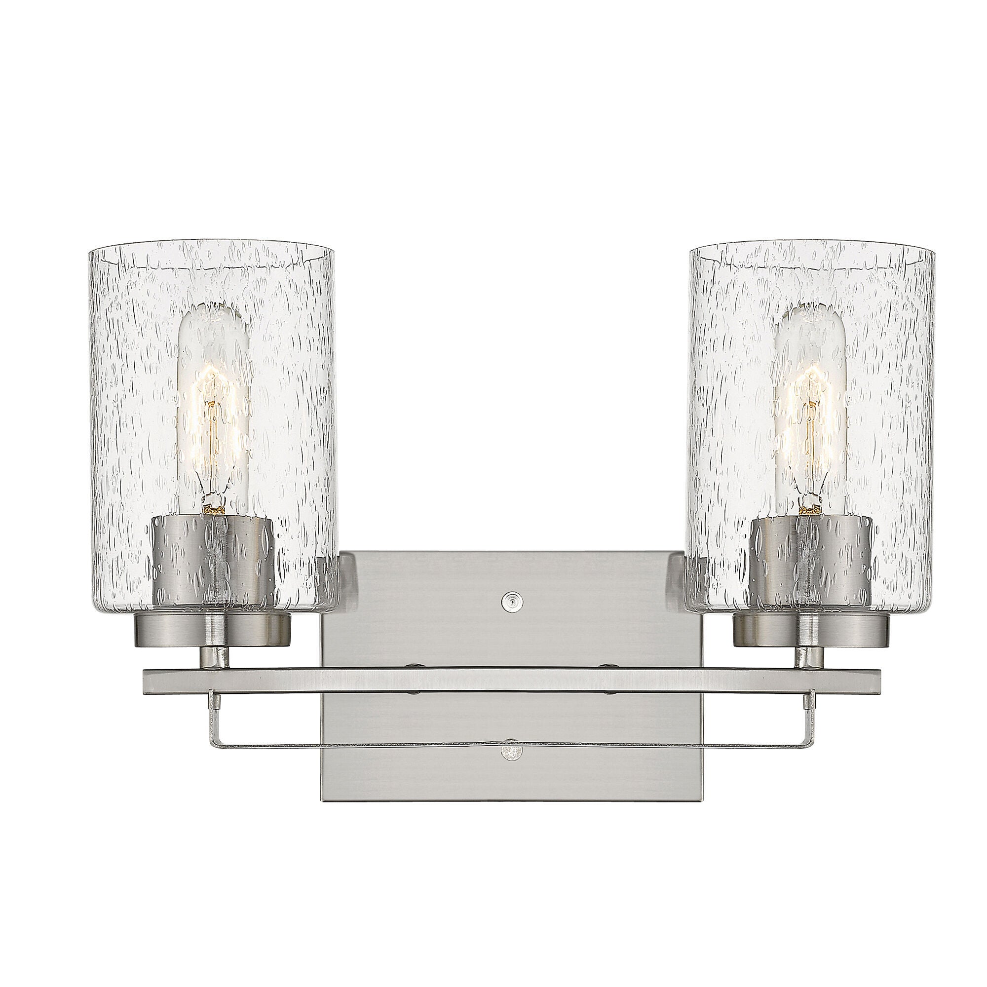 Shown in Satin Nickel finish and Clear glass and Clear, Seeded Cylindrical Glass s shade
