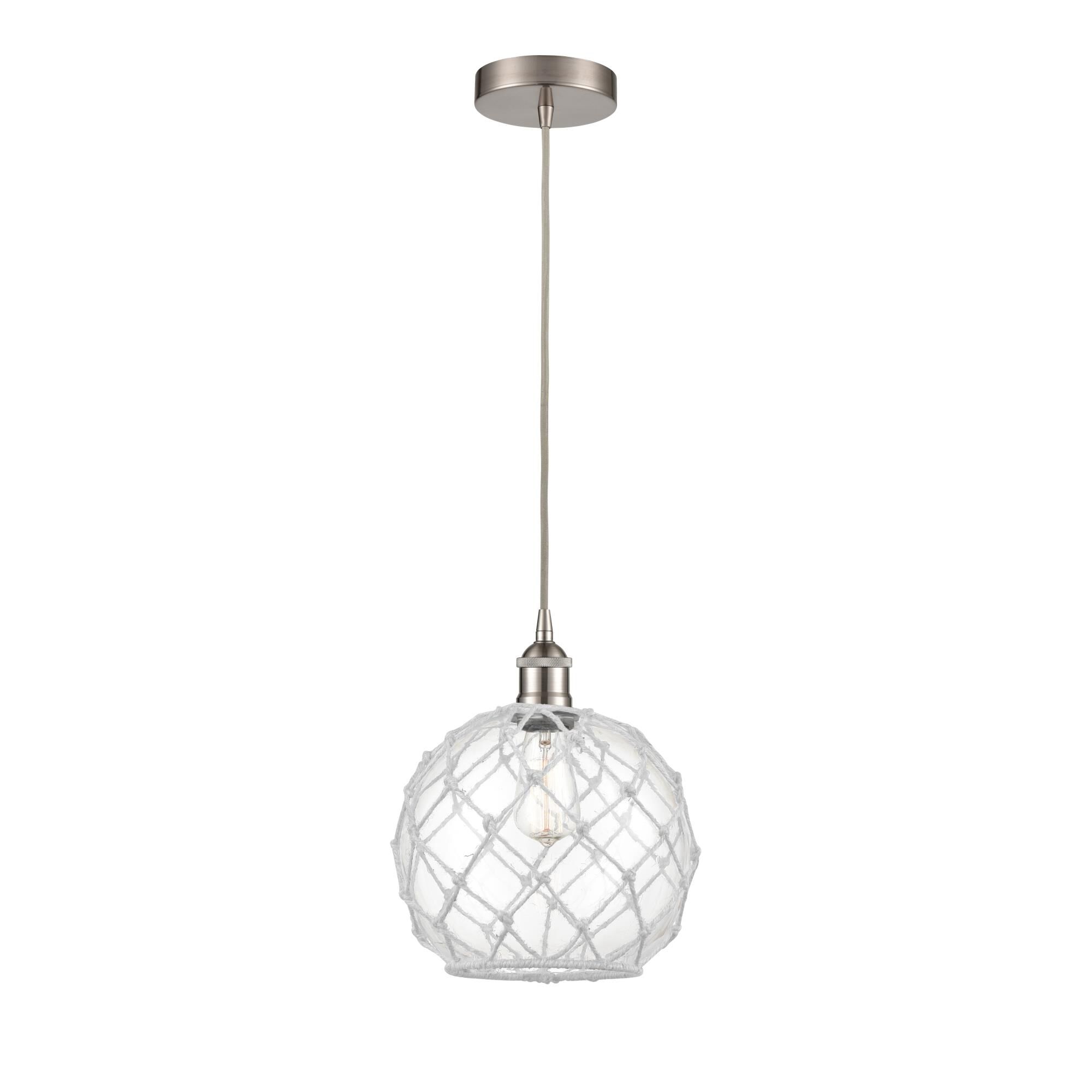 Shown in Brushed Satin Nickel finish and Clear Large Farmhouse With White Rope glass