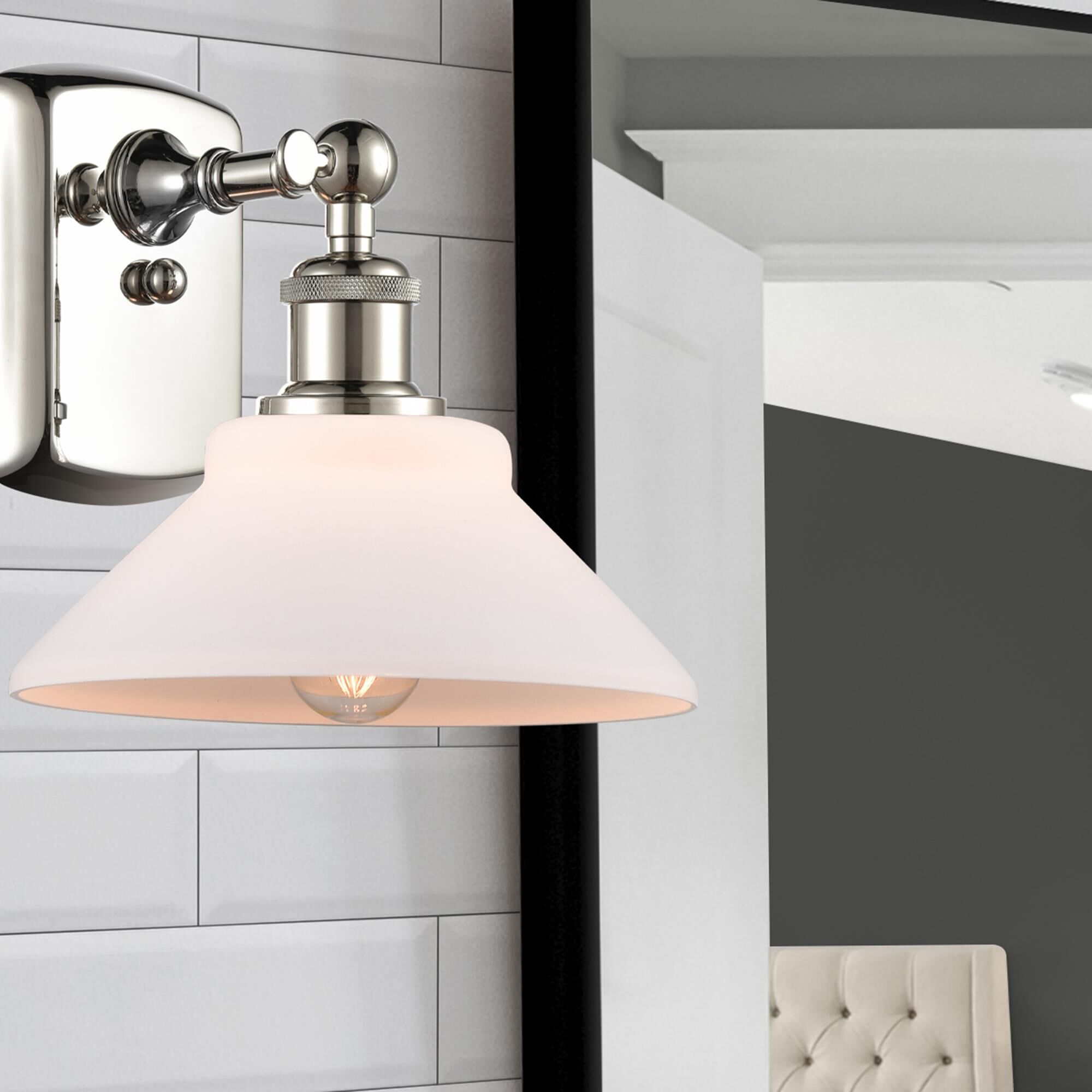 Shown in Polished Nickel finish and Disc glass and Glass shade