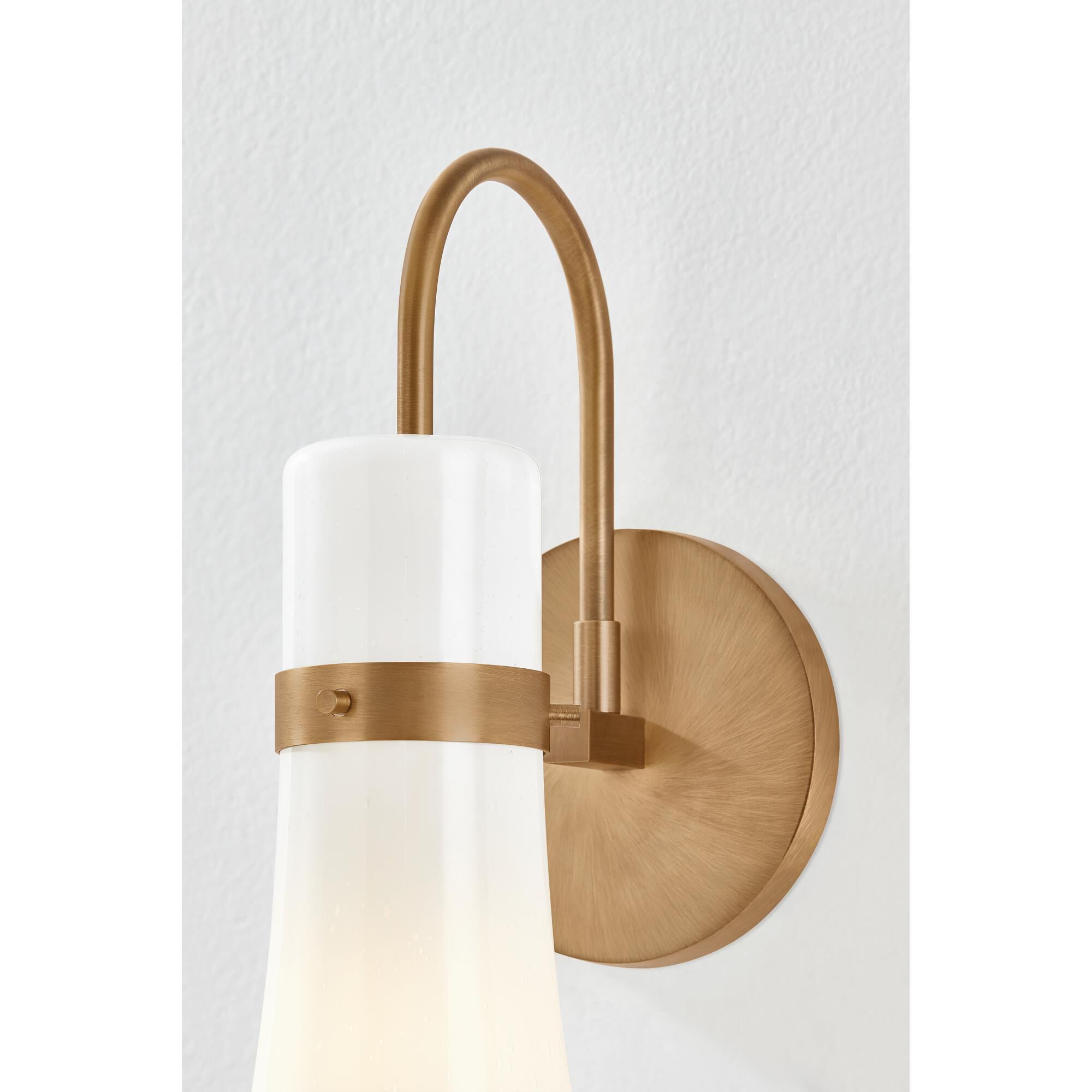 Shown in Patina Brass finish and Seeded Opal glass