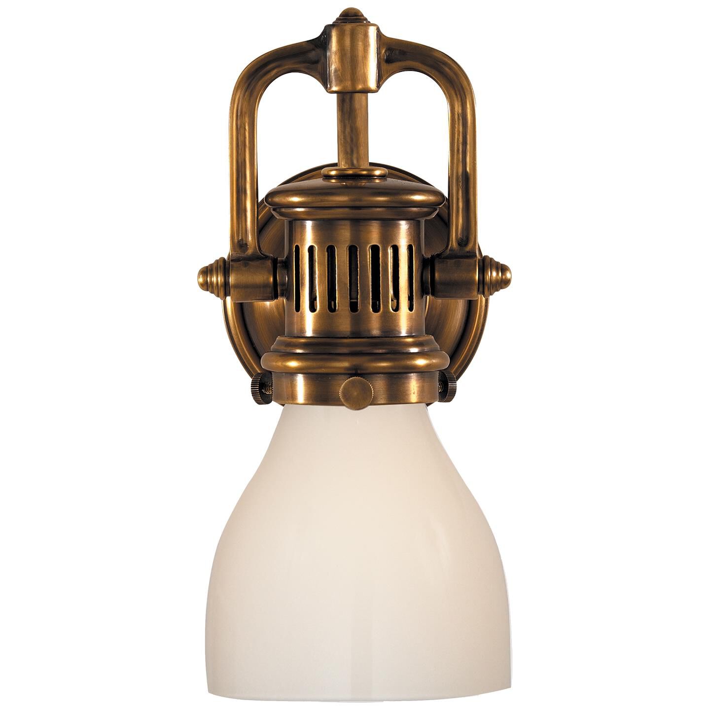 Shown in Hand-Rubbed Antique Brass finish and White Glass shade