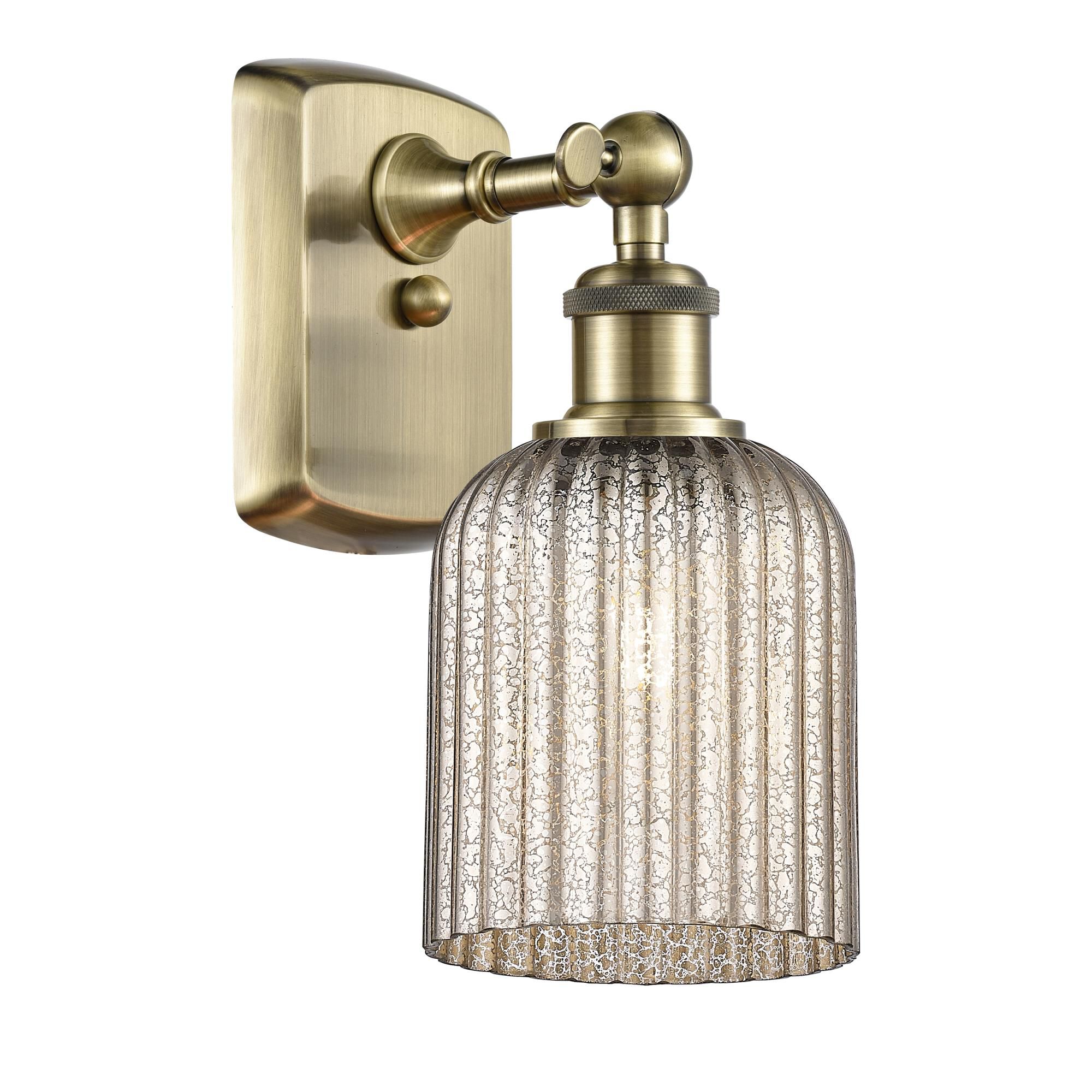 Shown in Antique Brass finish and Mercury shade
