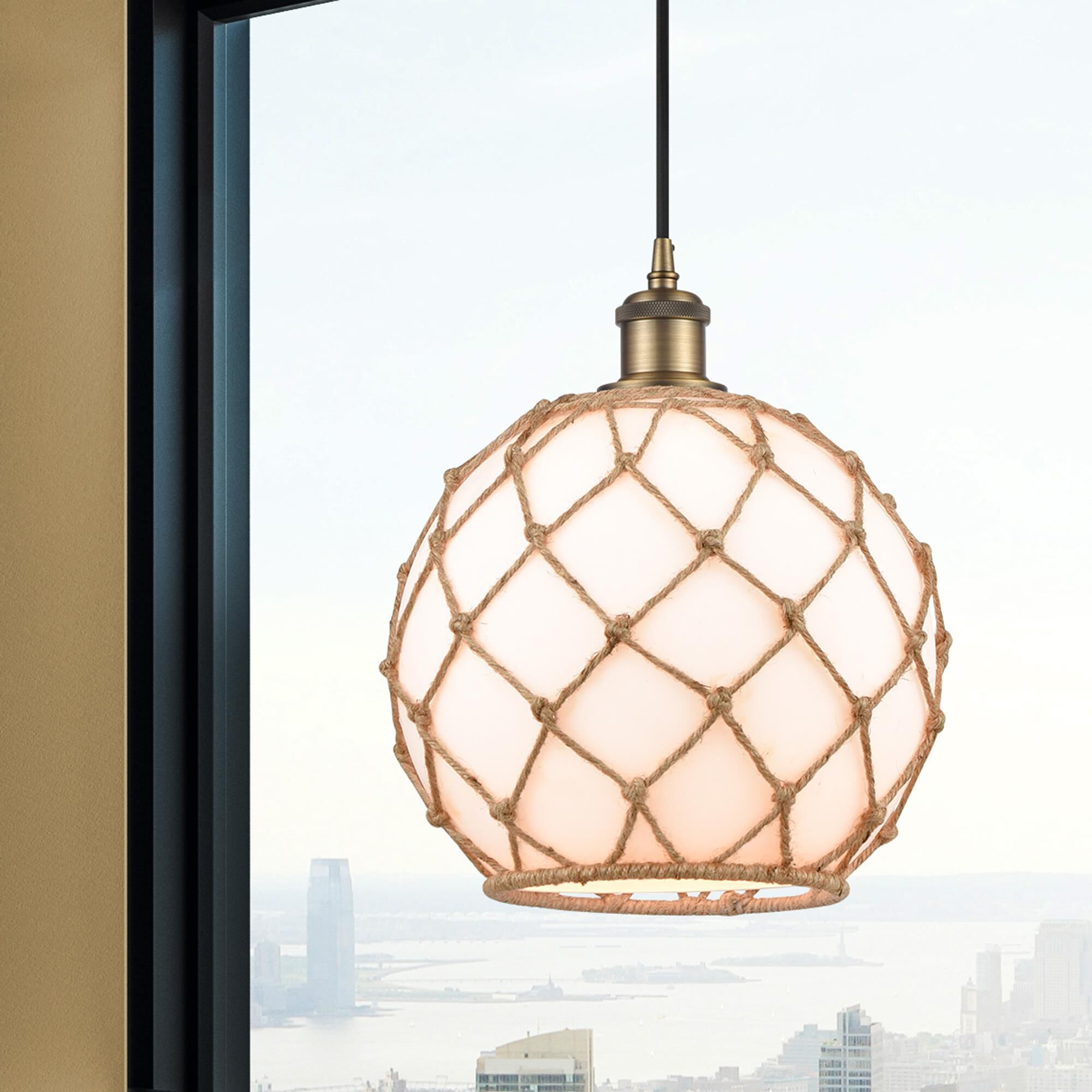 Shown in Brushed Brass finish and White Large Farmhousewith Brown Rope glass and Polished Chrome accent