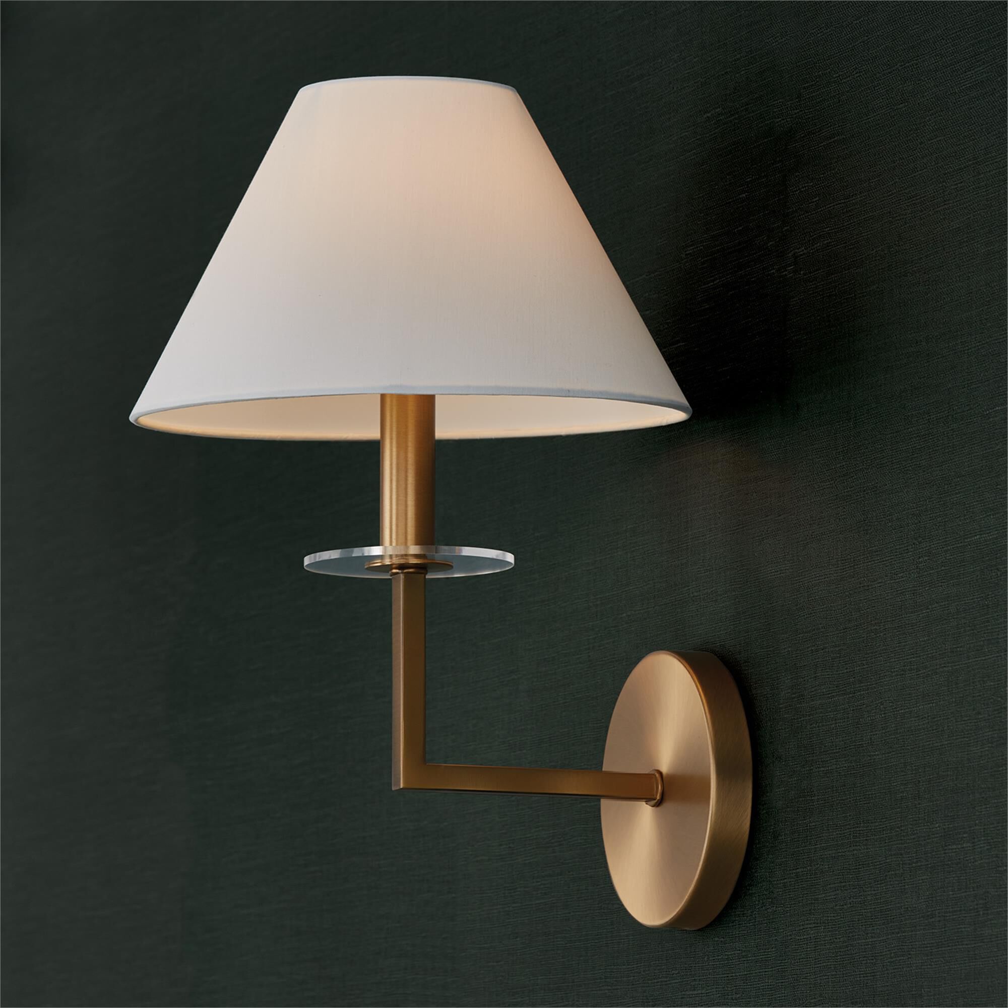Shown in Aged Brass finish and White Fabric Stay-Straight shade