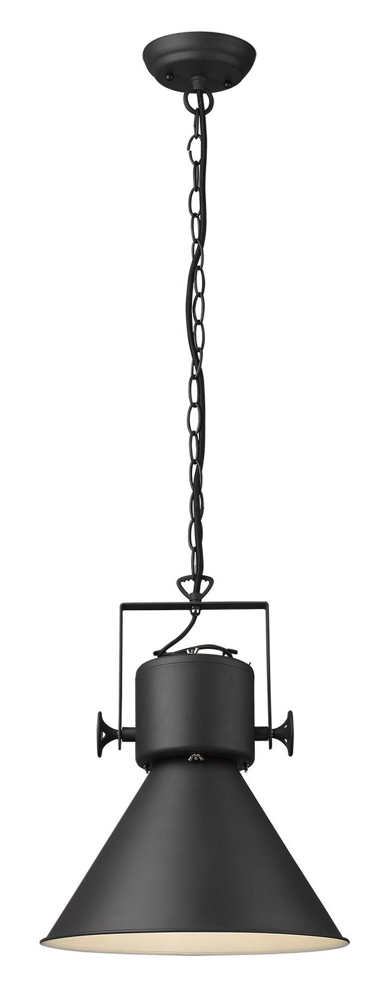 Shown in Matte Black finish and Black glass and Black Metal Cone Shaped  W/ White Interior shade