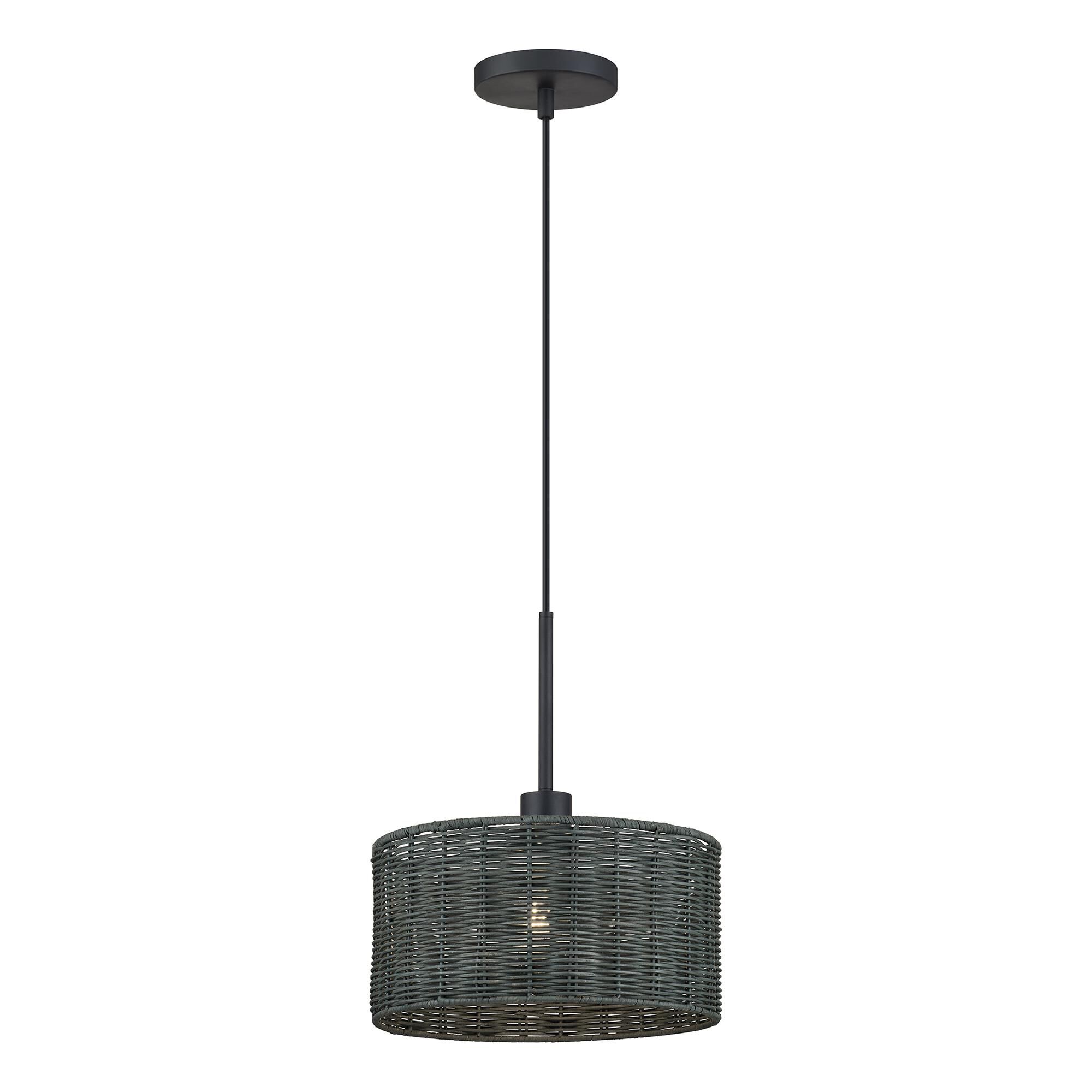 Shown in Black finish and Hand-Woven Charred Gray Color Rattan shade