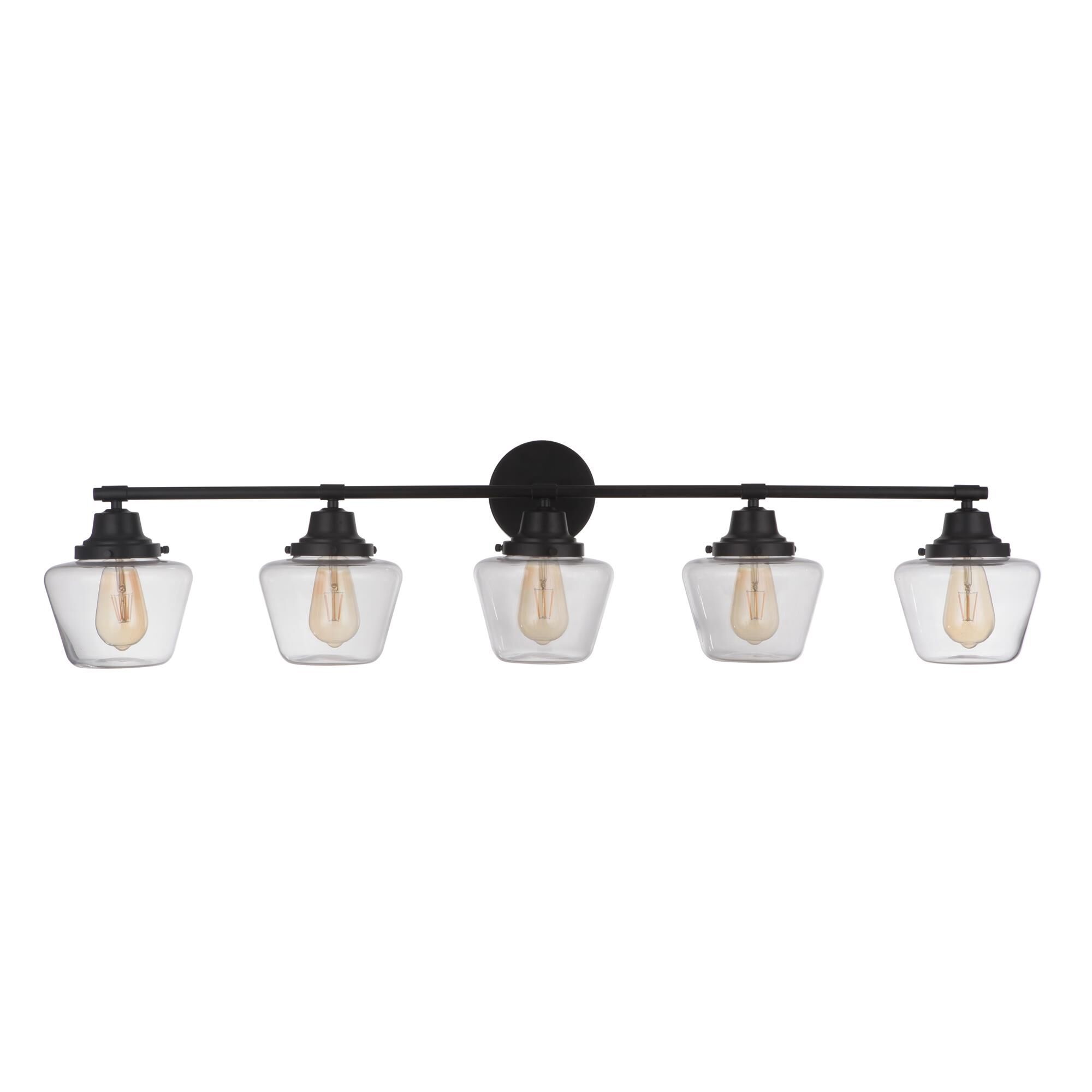 Shown in Flat Black finish and Clear glass and Glass shade