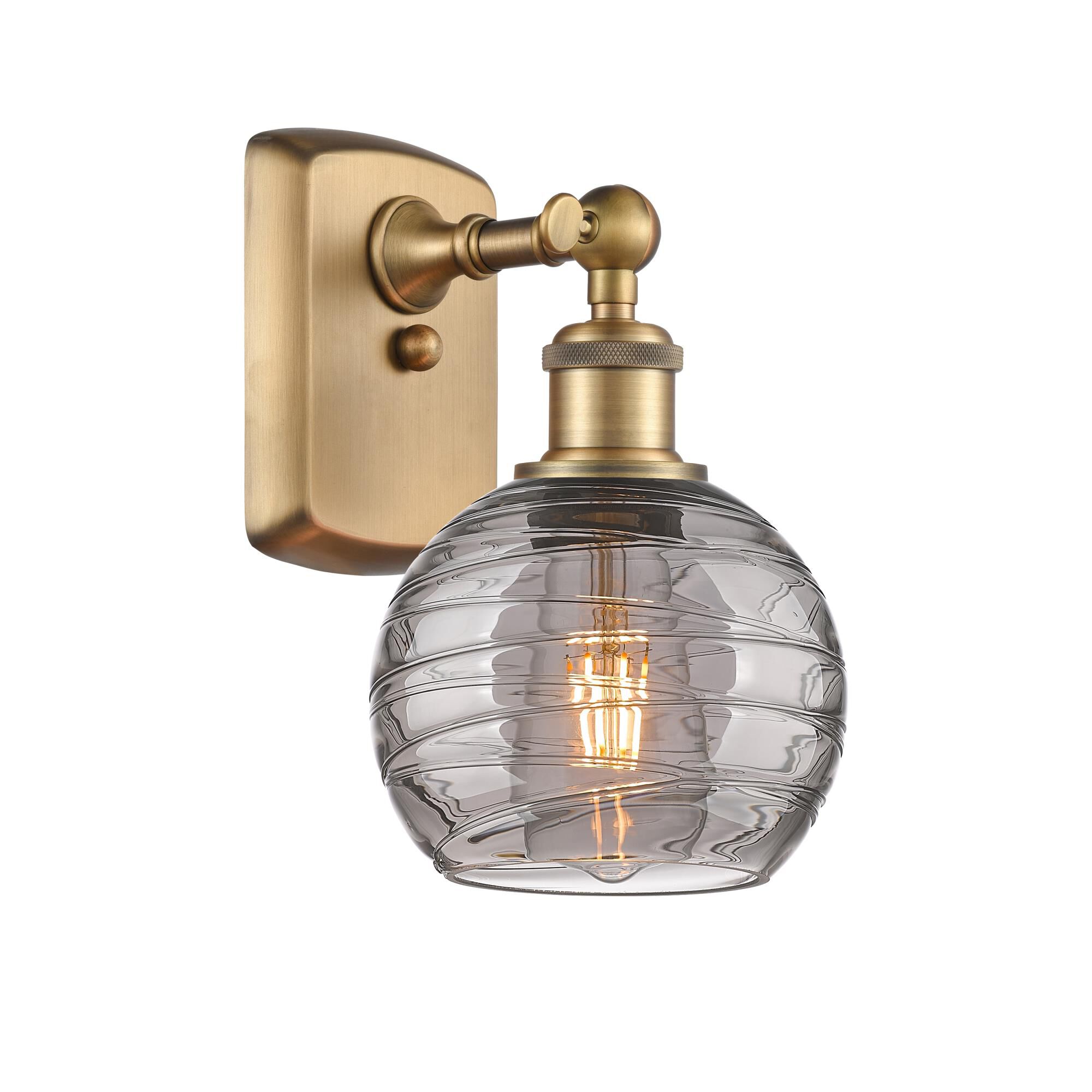 Shown in Brushed Brass finish and Light Smoke Deco Swirl glass
